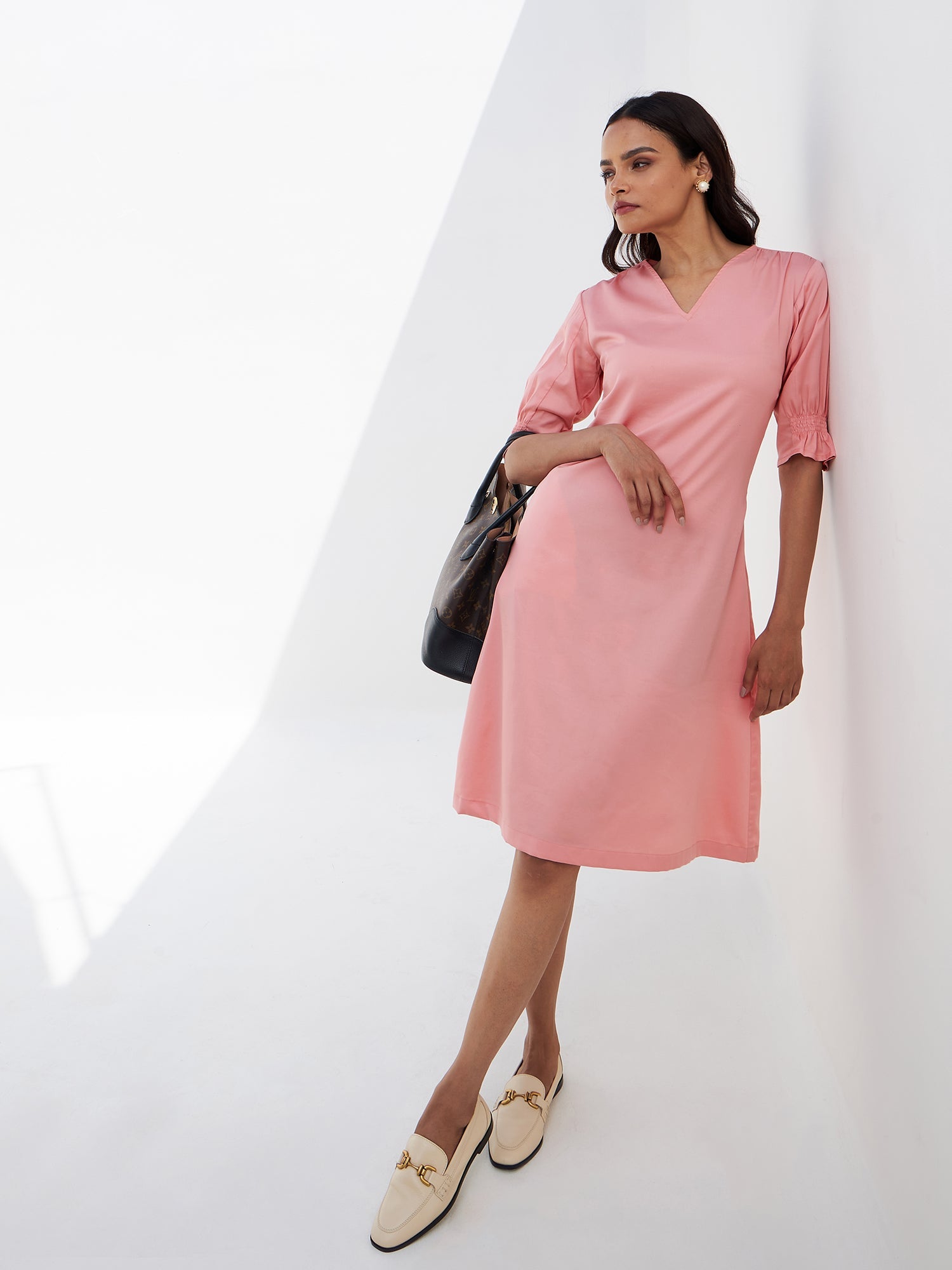 Roseate Smocked Sleeves Dress for Women in Peach Feminine Summer Outfit