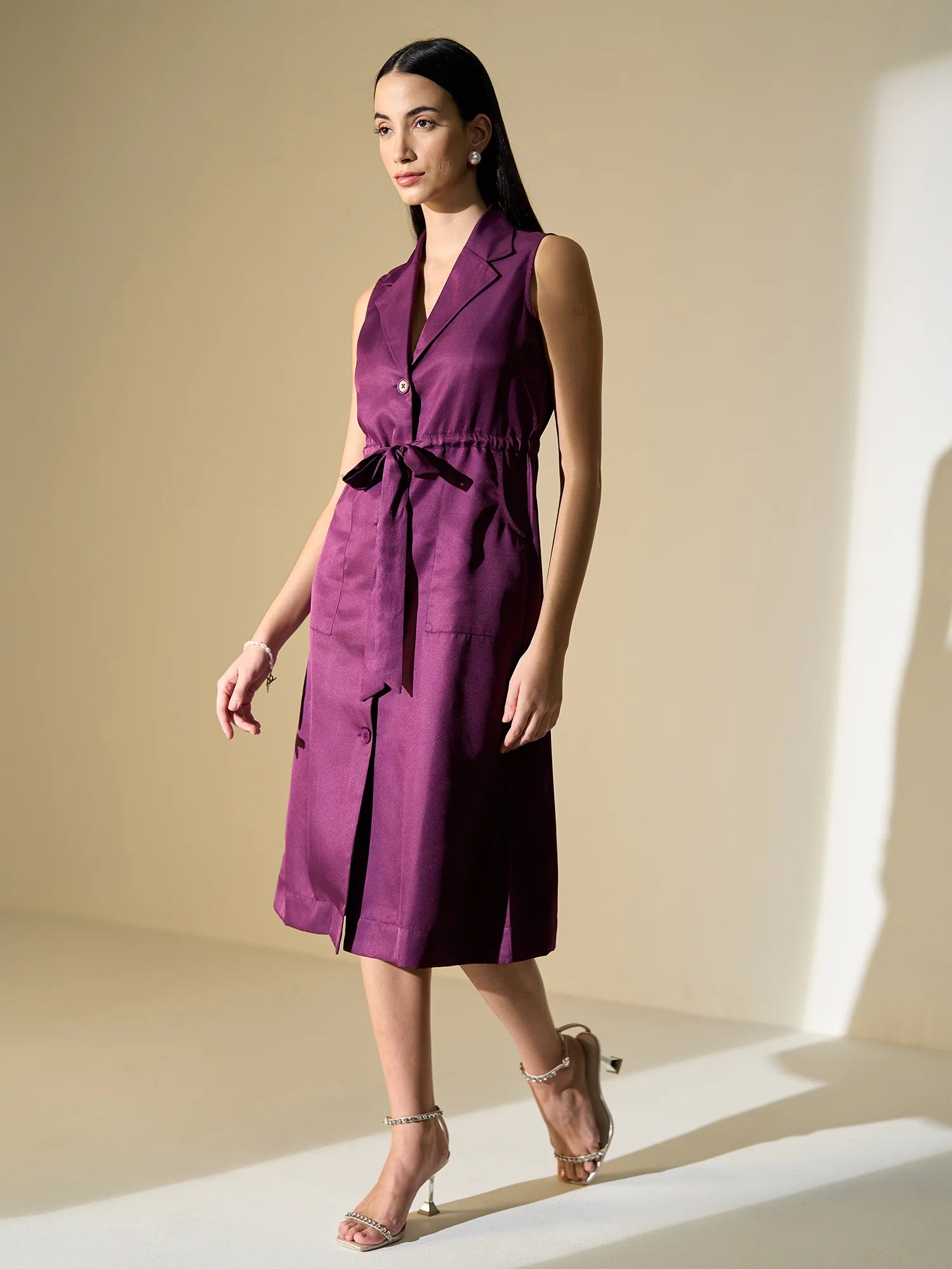 Salento Collared Cord Dress for Women in Purple Classy Smart Casual Wear