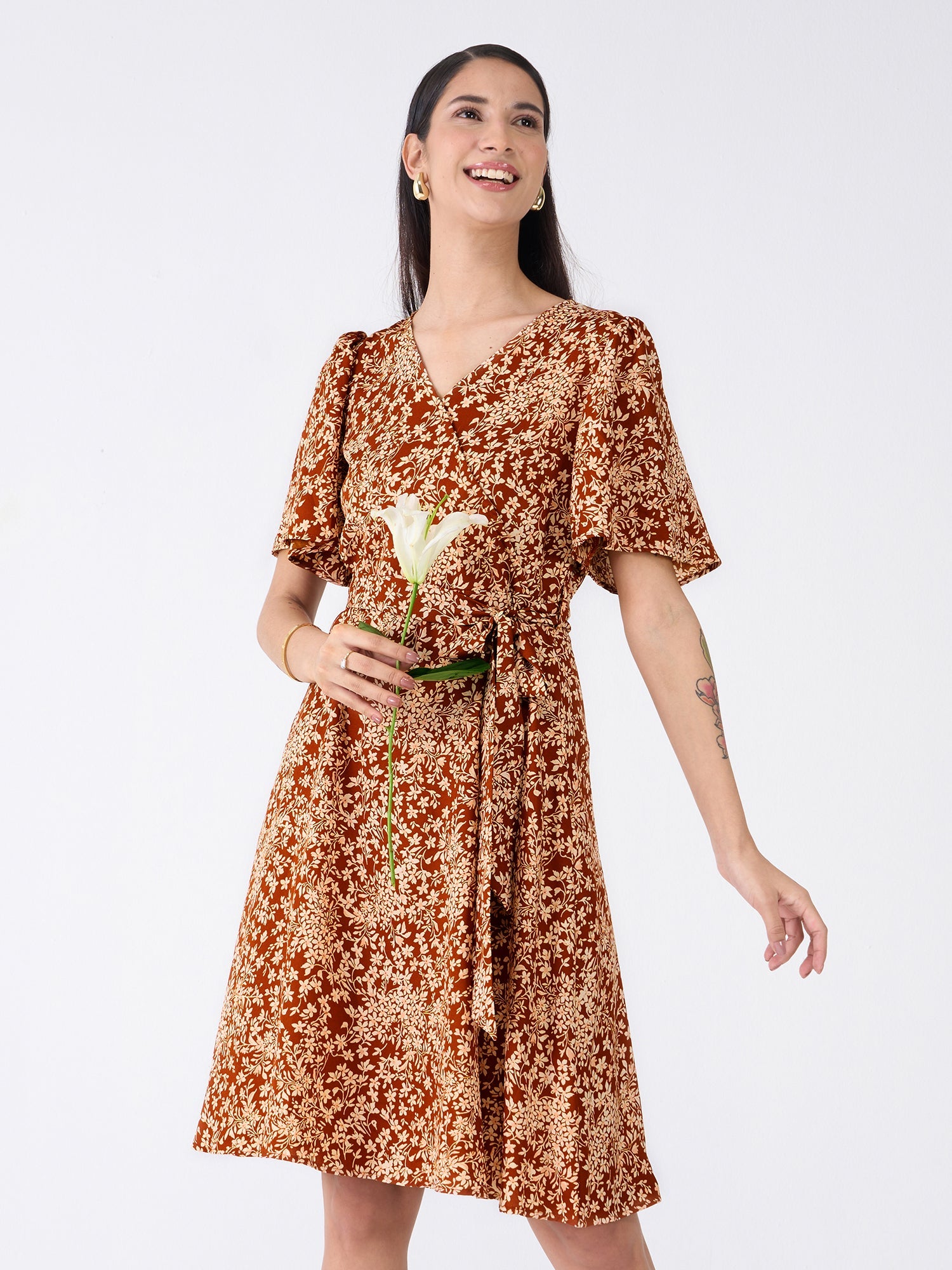 Carafe Floral Faux Wrap Dress for Women in Multicolor Stylish Brunch and Party Outfit