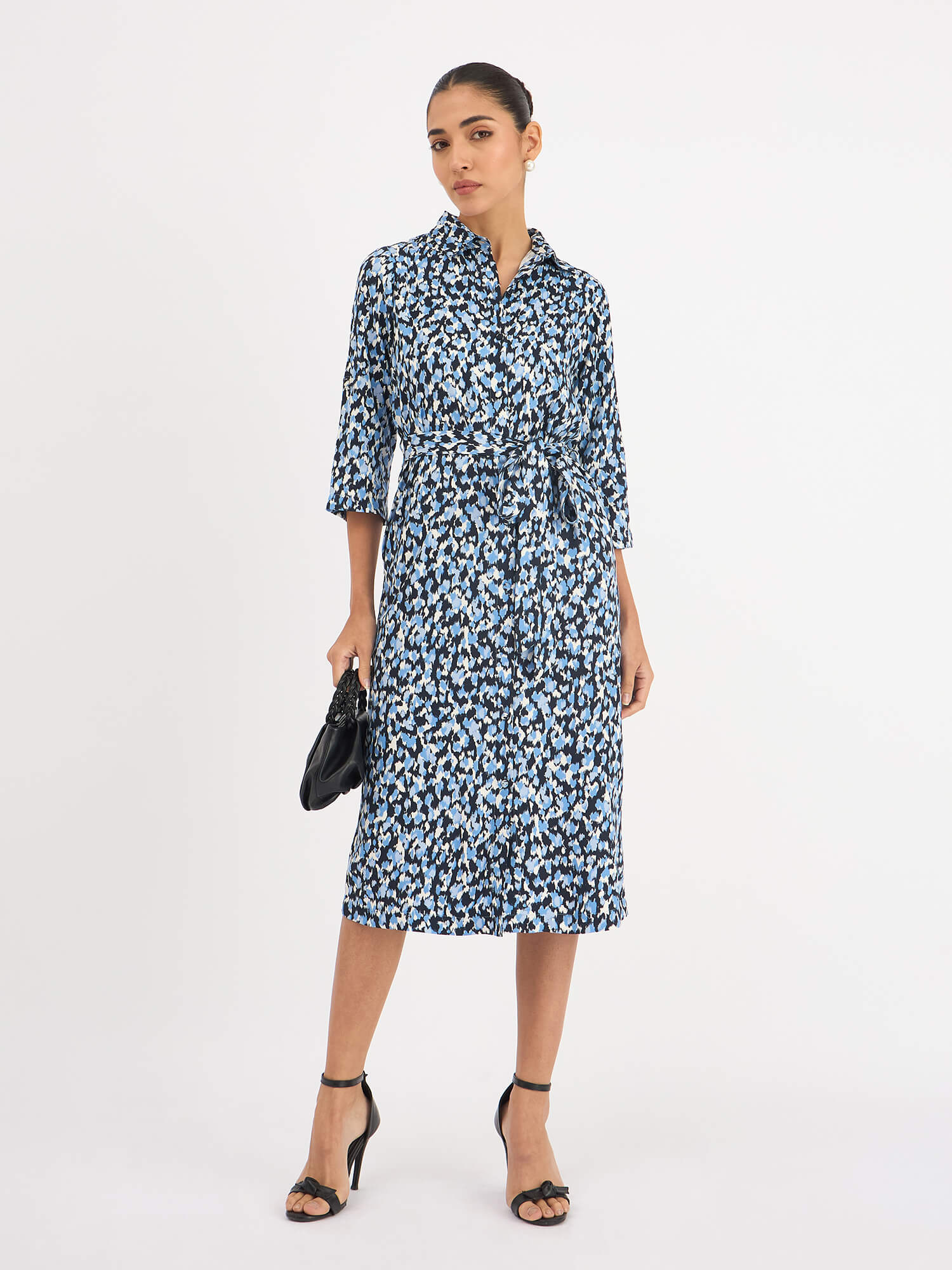 Lapis Tab Detail Belted Shirt Dress for Women in Blue Classy and Chic Design