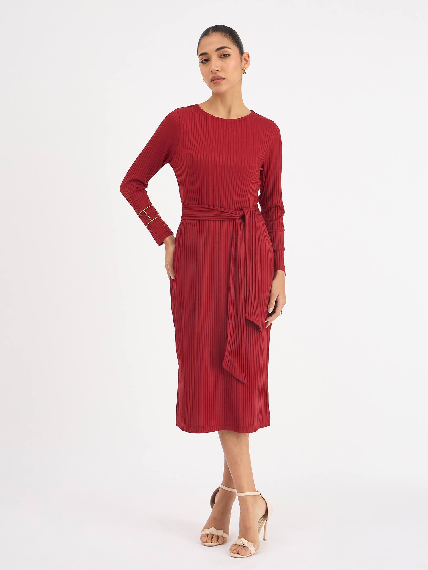 Agnes Longline Rib Knit Dress for Women in Red Cozy Elegant Winter Dress