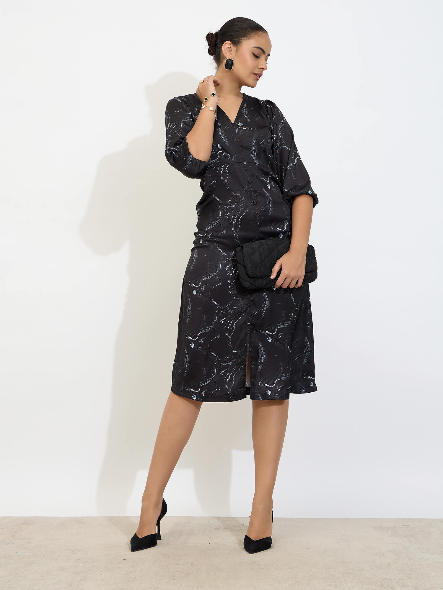 Mintini Printed Faux Button Midi Dress for Women in Multicolor Trendy Statement Style