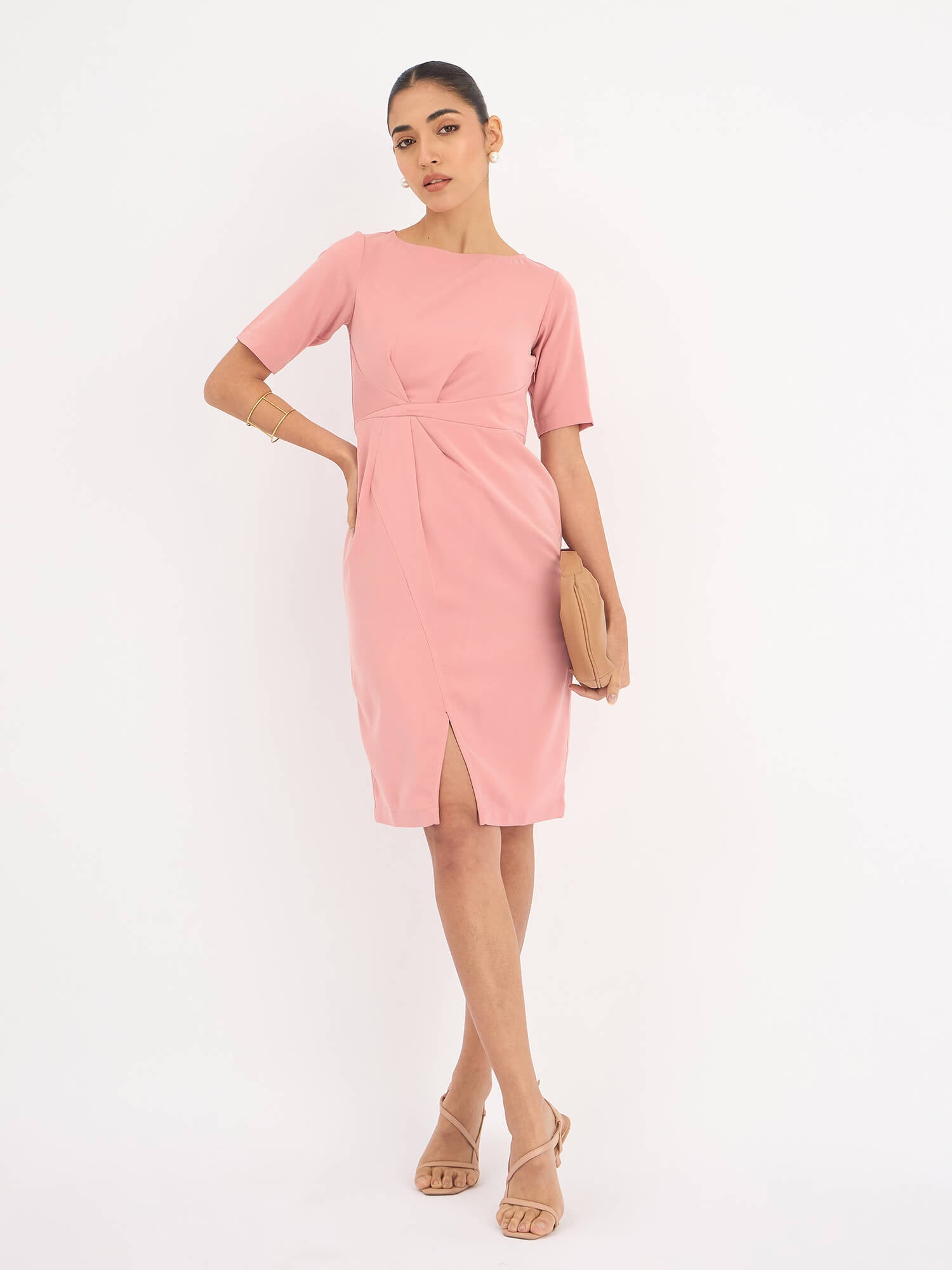 Aspiring Draped Sheath Dress for Women in Blush Pink Soft Feminine Style