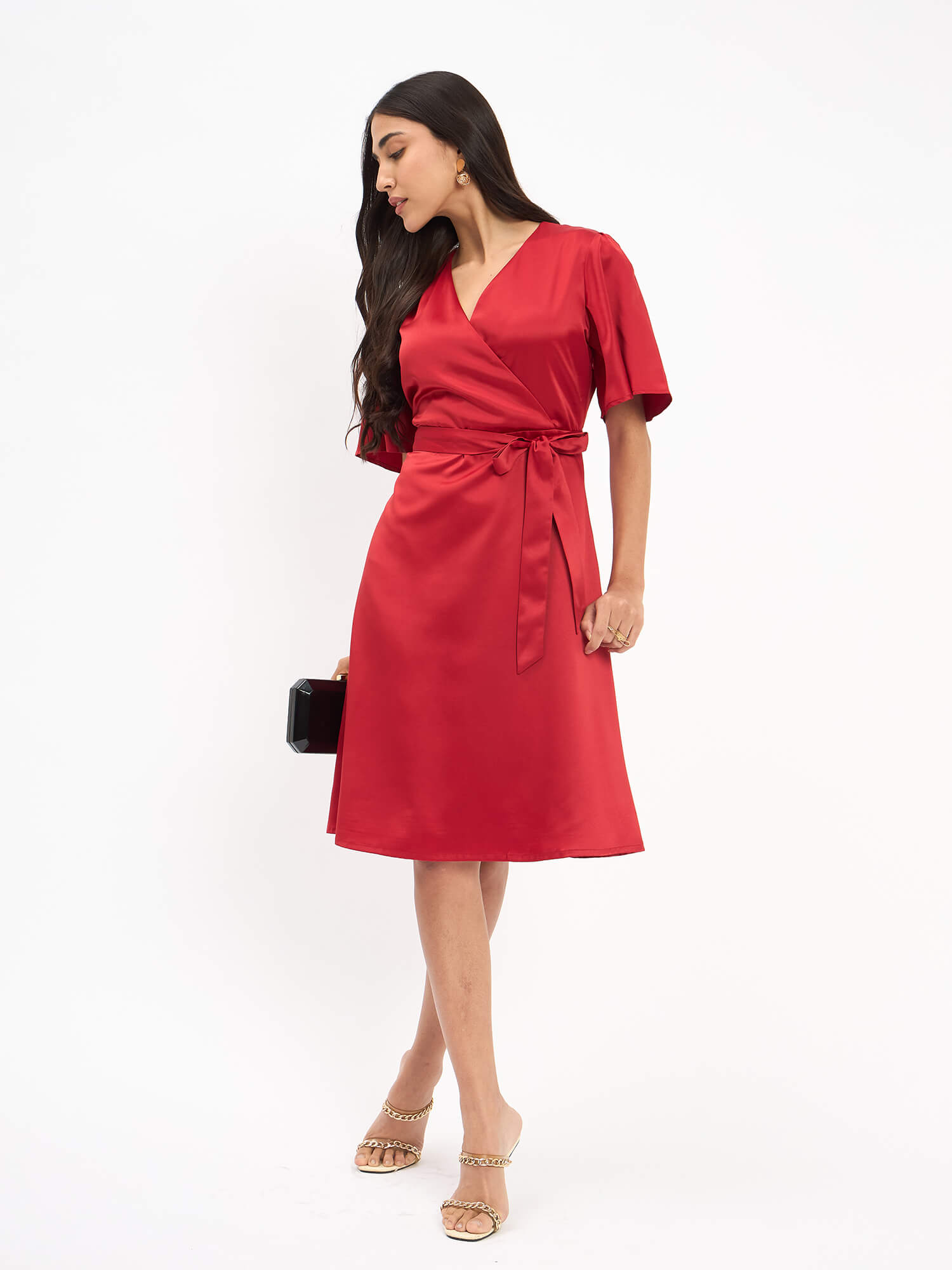 Bobby Faux Overlap Dress for Women in Red Elegant Party and Evening Look
