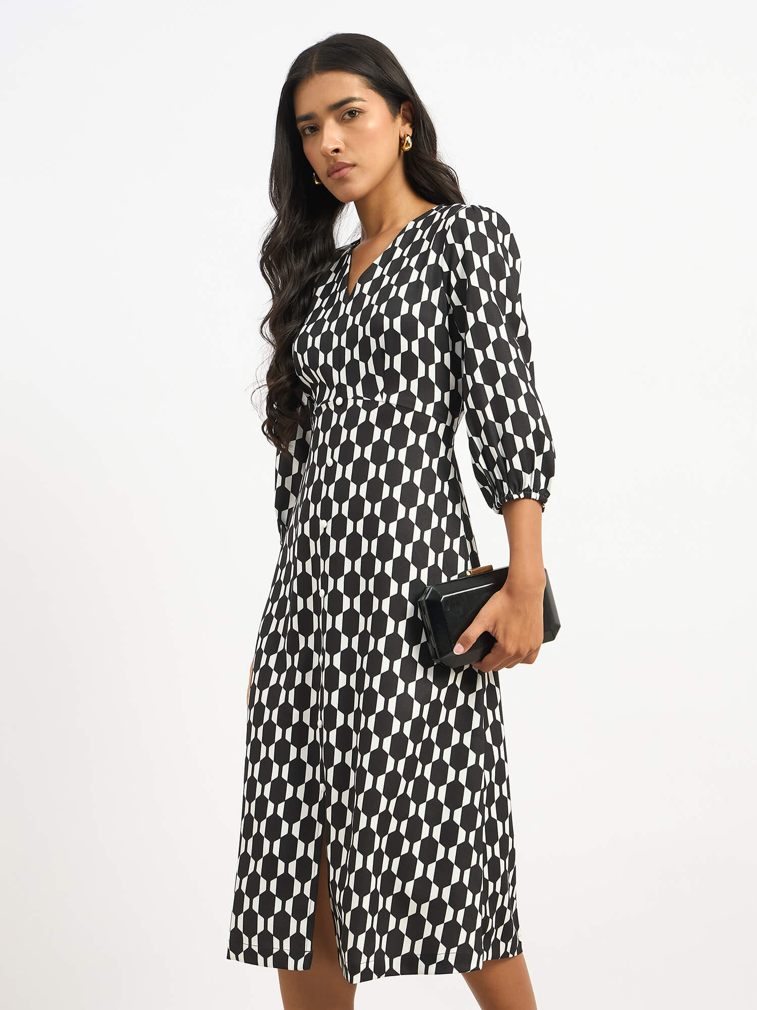 Rowan Printed Faux Button Midi Dress for Women in Black and White Stylish Printed Dress