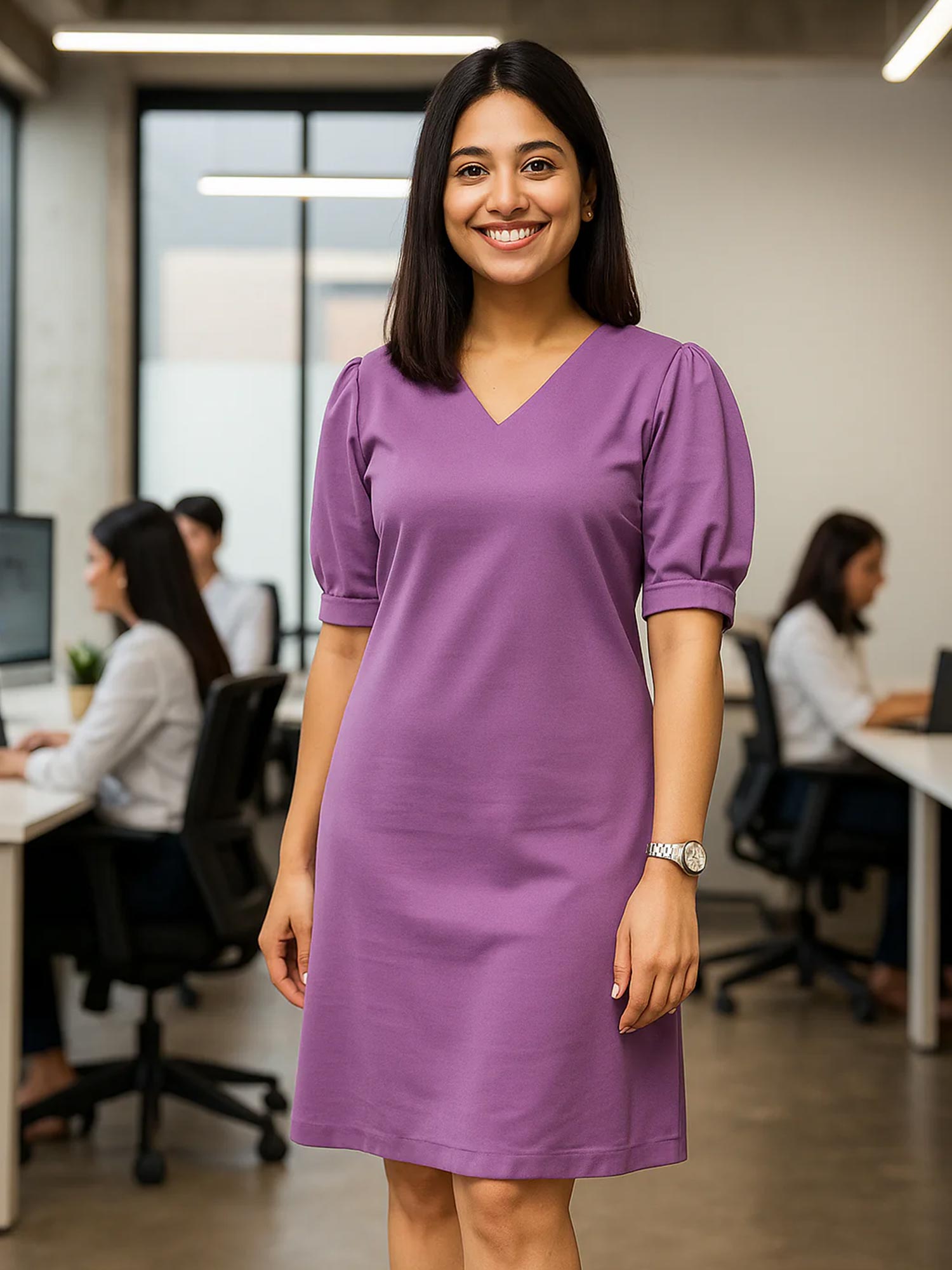 Valiant Balloon Sleeves Shift Dress for Women in Lavender Soft Feminine Day Dress