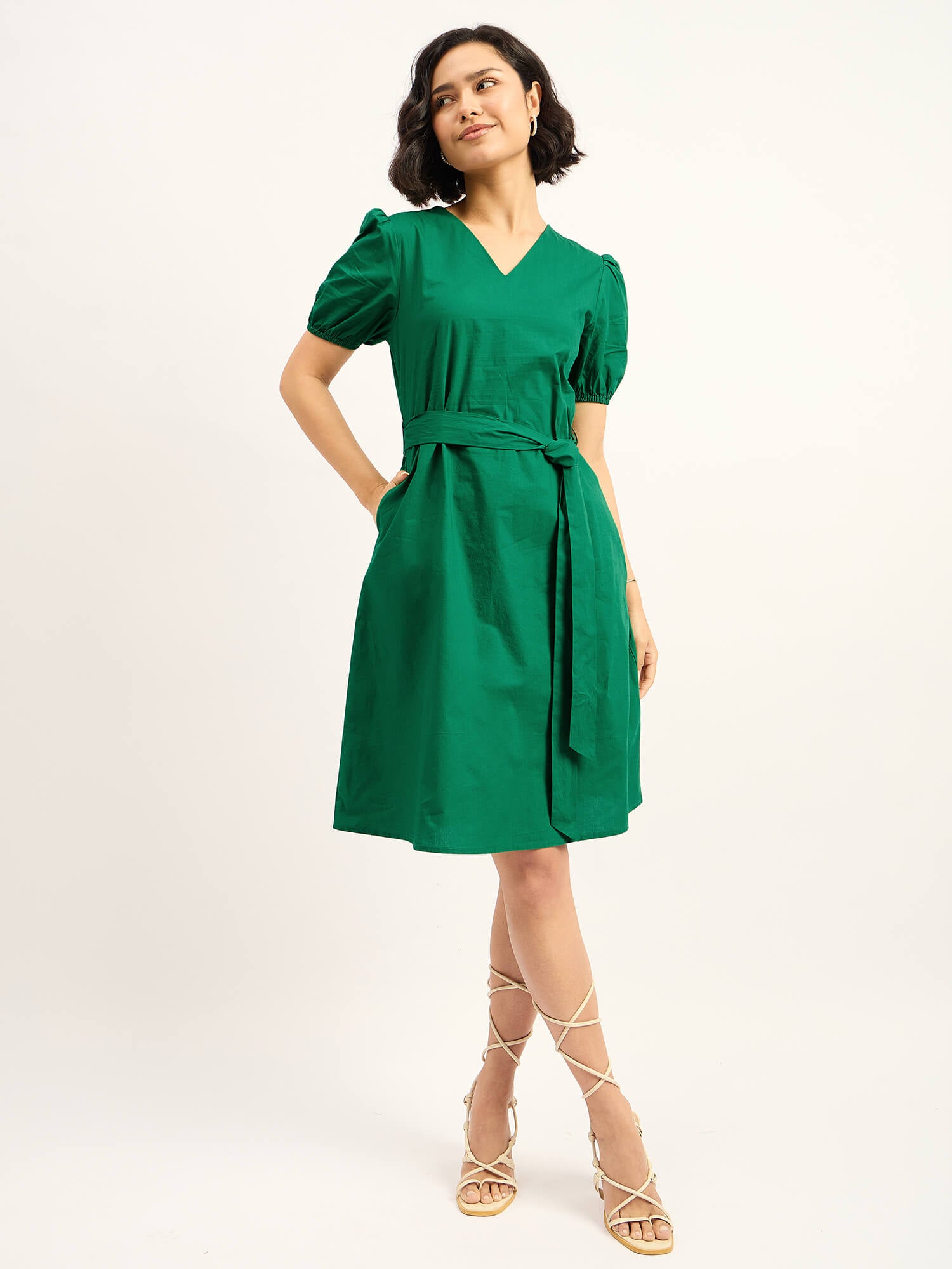 Cove V Neck Dress for Women in Green Minimal Elegant Everyday Look