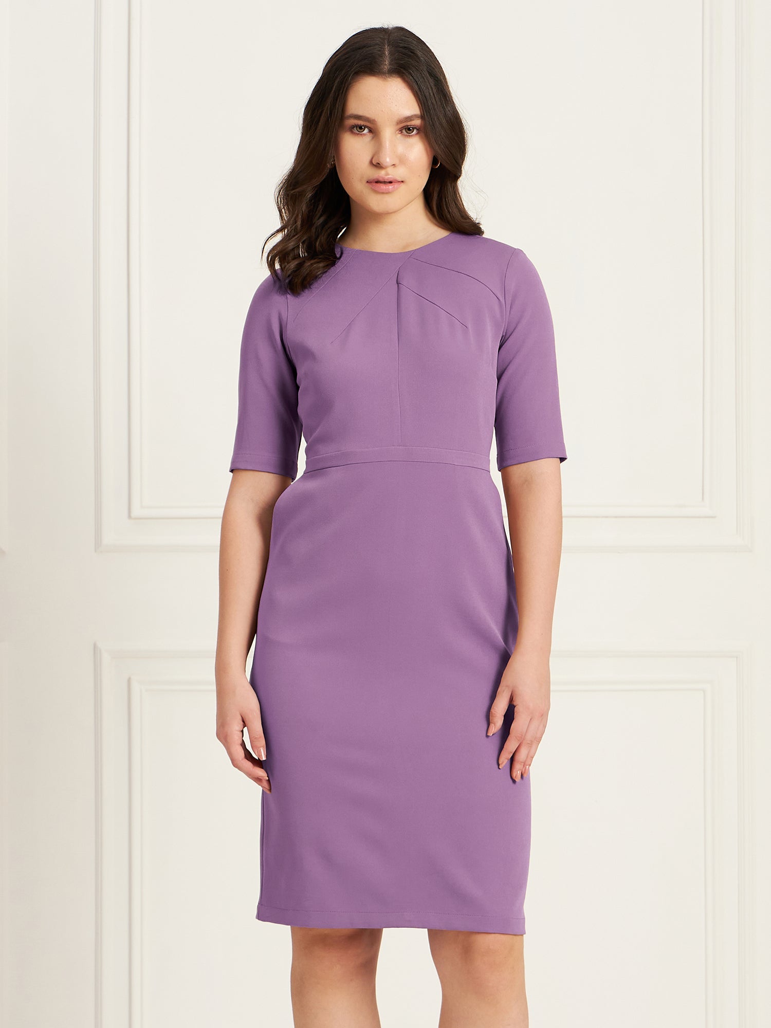 Prestige Knee Length Sheath Dress for Women in Purple Elegant Office and Formal Wear