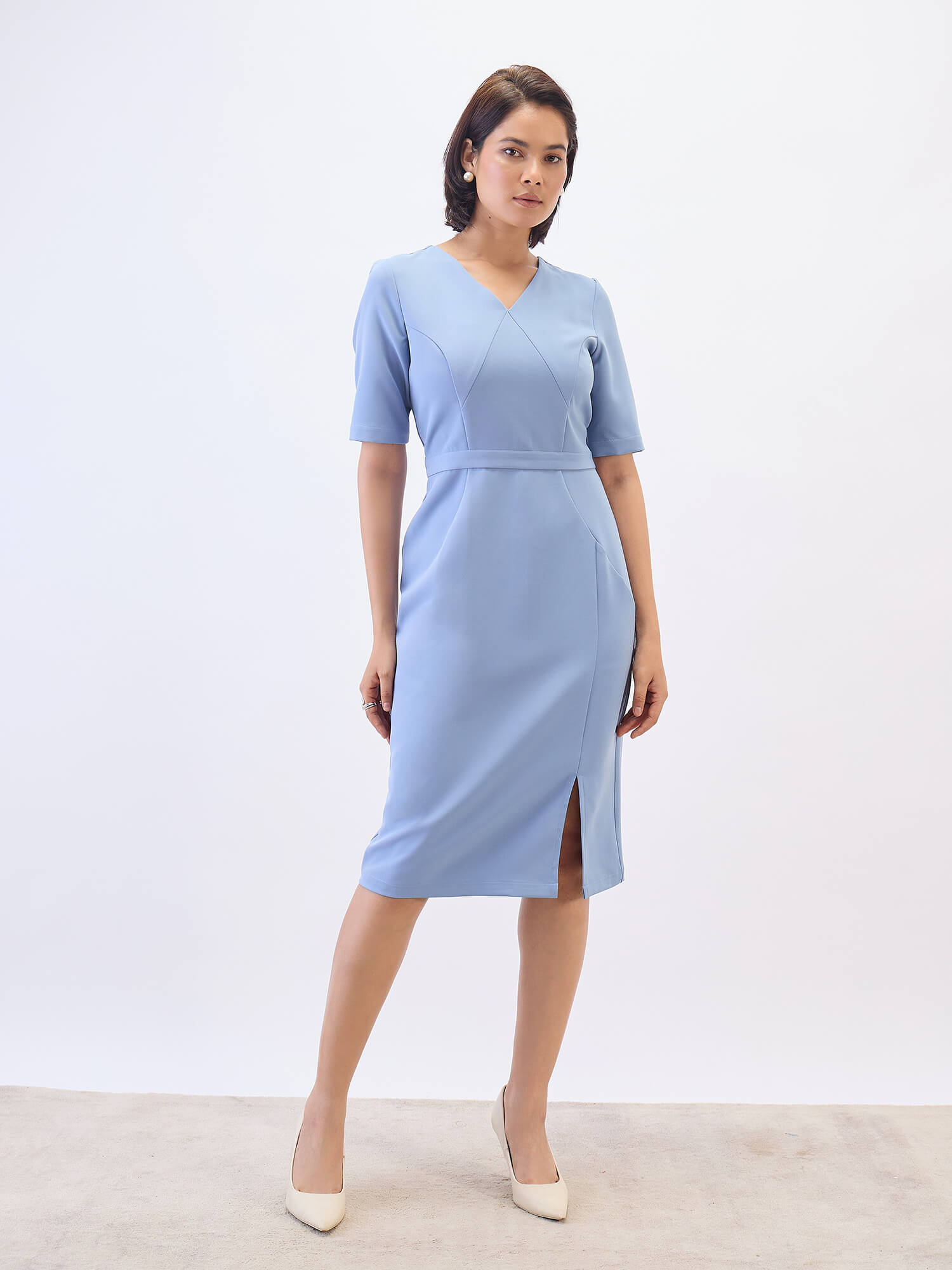 Felicity Panelled Sheath Dress for Women in Dusty Blue Elegant Workwear Dress