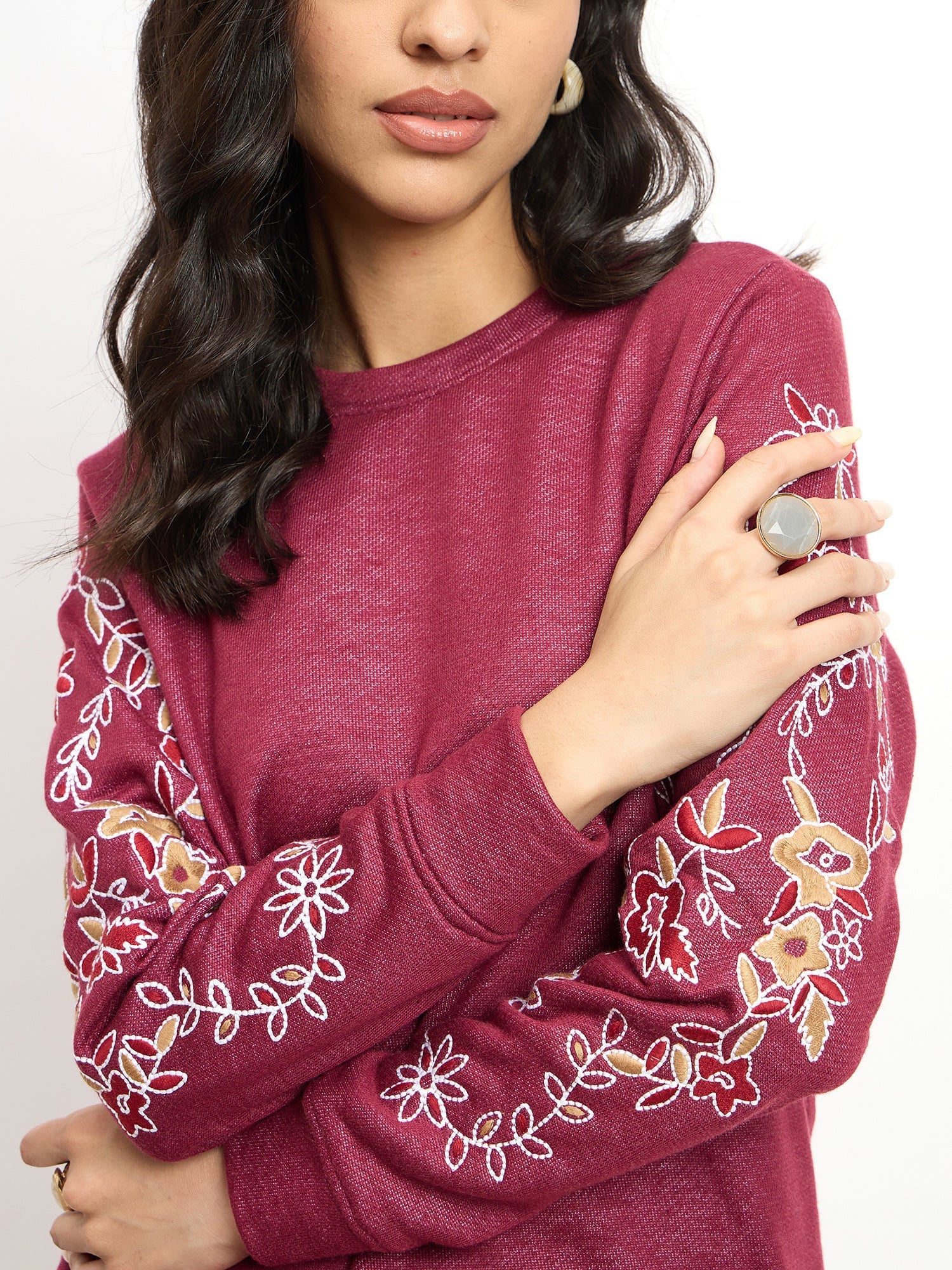 Vinia Embroidered Sleeve Sweatshirt in Wine for Women Chic Casual Look