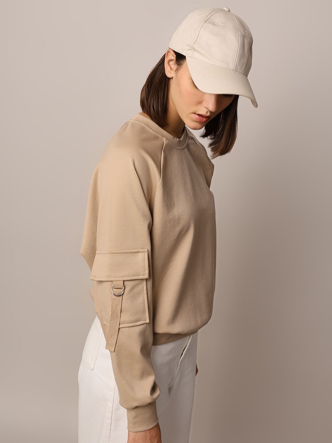 Beige O Neck Sweatshirt for Women Minimal Chic Everyday Style