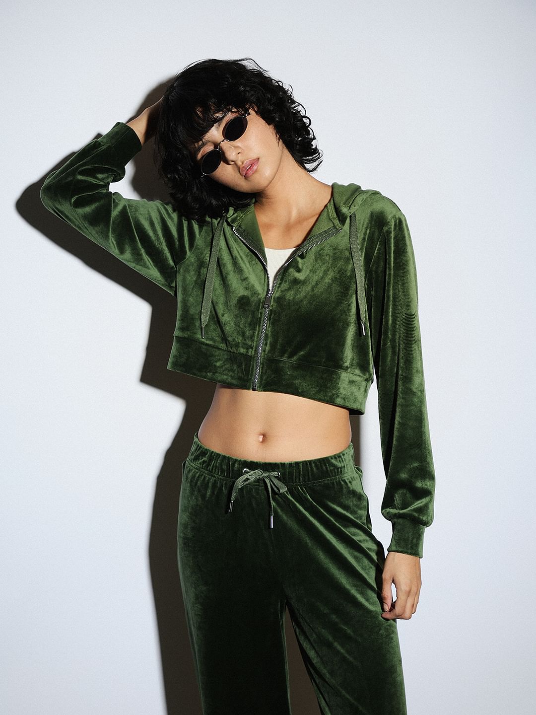 Green Cropped Velour Co Ord Set Sweatshirt for Women Trendy Lounge Wear