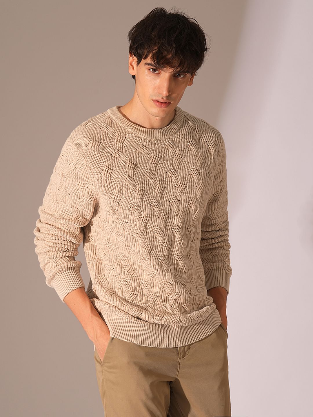 Beige Cable Knit Pullover Elegant Cozy Wear