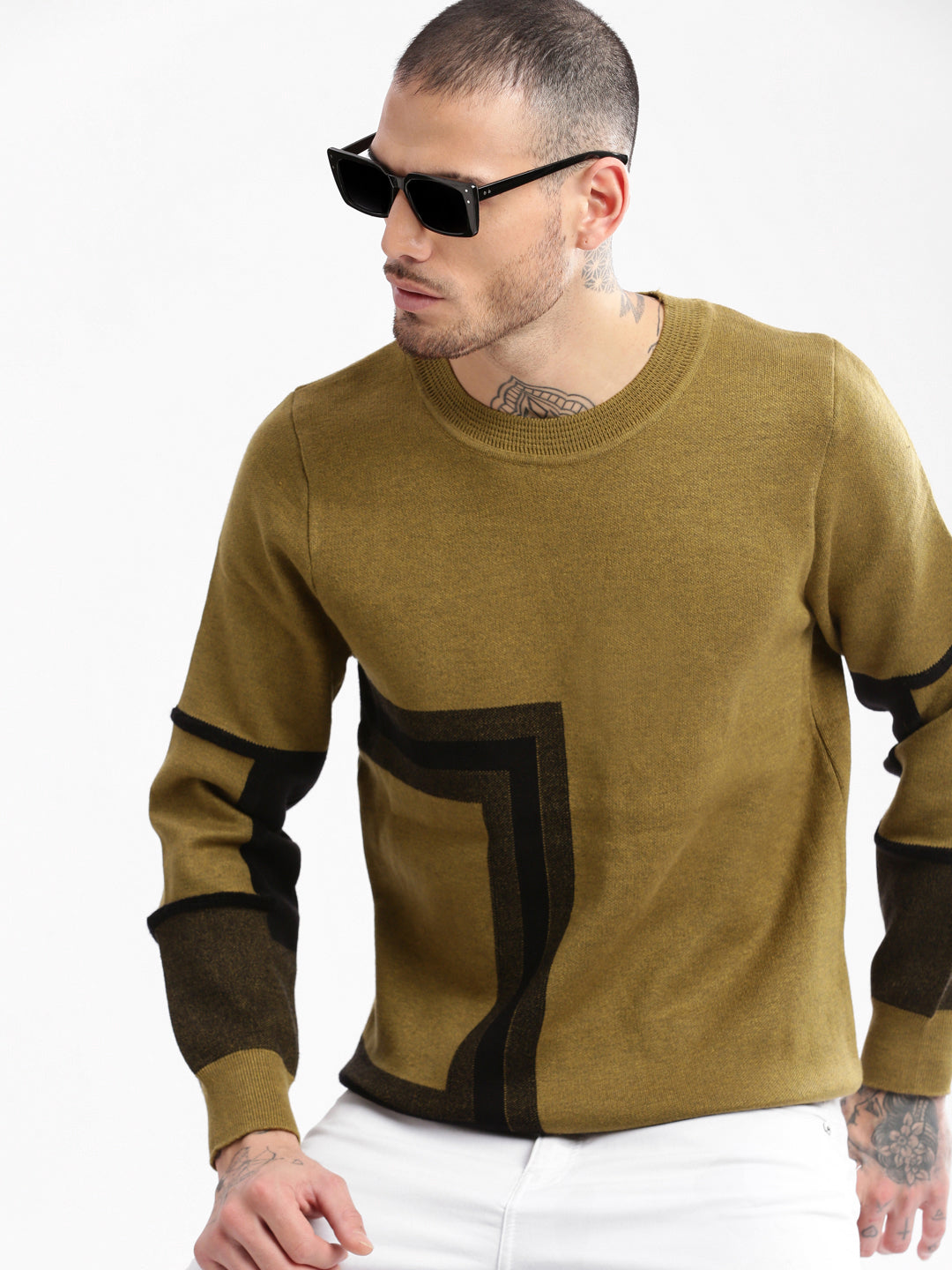 Men Round Neck Geometric Green Pullover Stylish Patterned Sweater