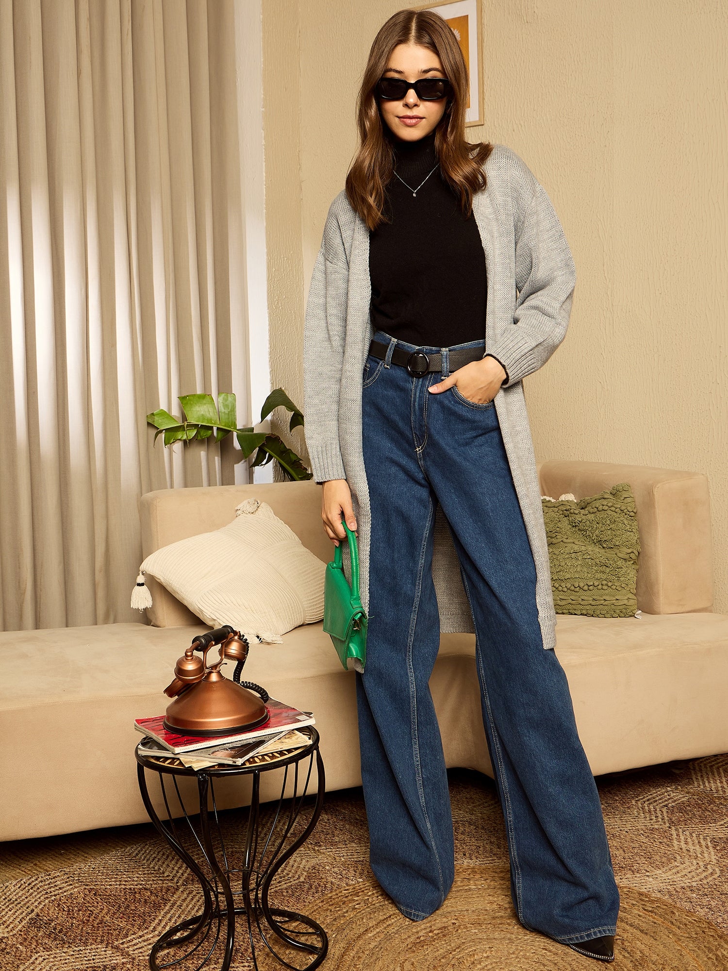 Nankey Kadam Women Solid Grey V-Neck Drop-Shoulder Sleeves Open-Front Acrylic Straight Hem Knitted Longline Cardigan