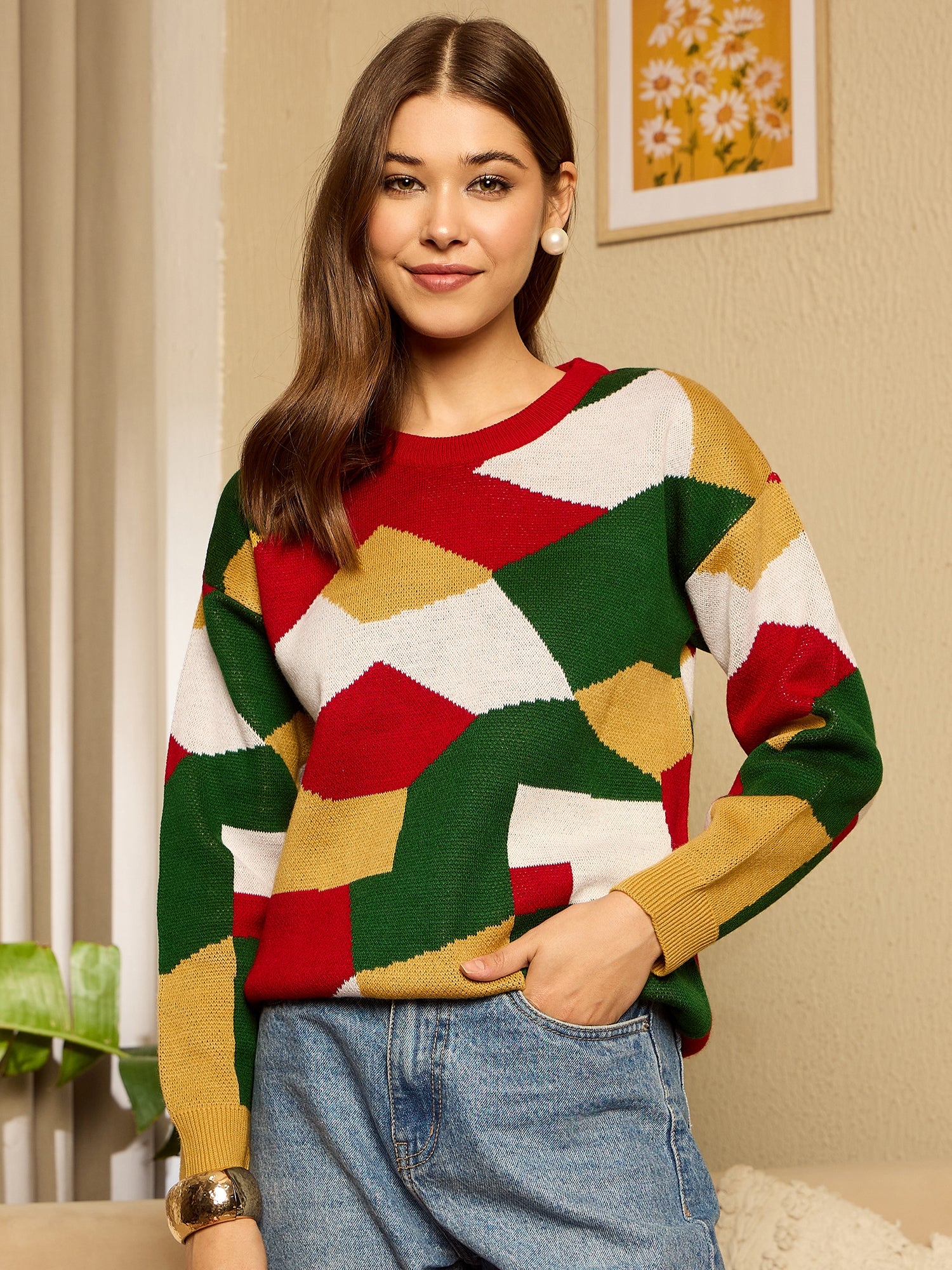 Nankey Kadam Women Multicolour Geometrical Printed Round Neck Drop-Shoulder Sleeves Acrylic Ribbed Hem Regular Pullover