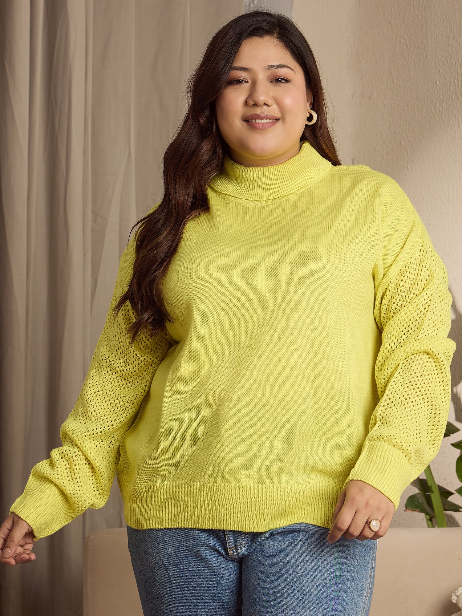 Nankey Kadam Curve Women Solid Bright Yellow Turtle Neck Drop-Shoulder Sleeves Acrylic Ribbed Hem Knitted Regular Sweater