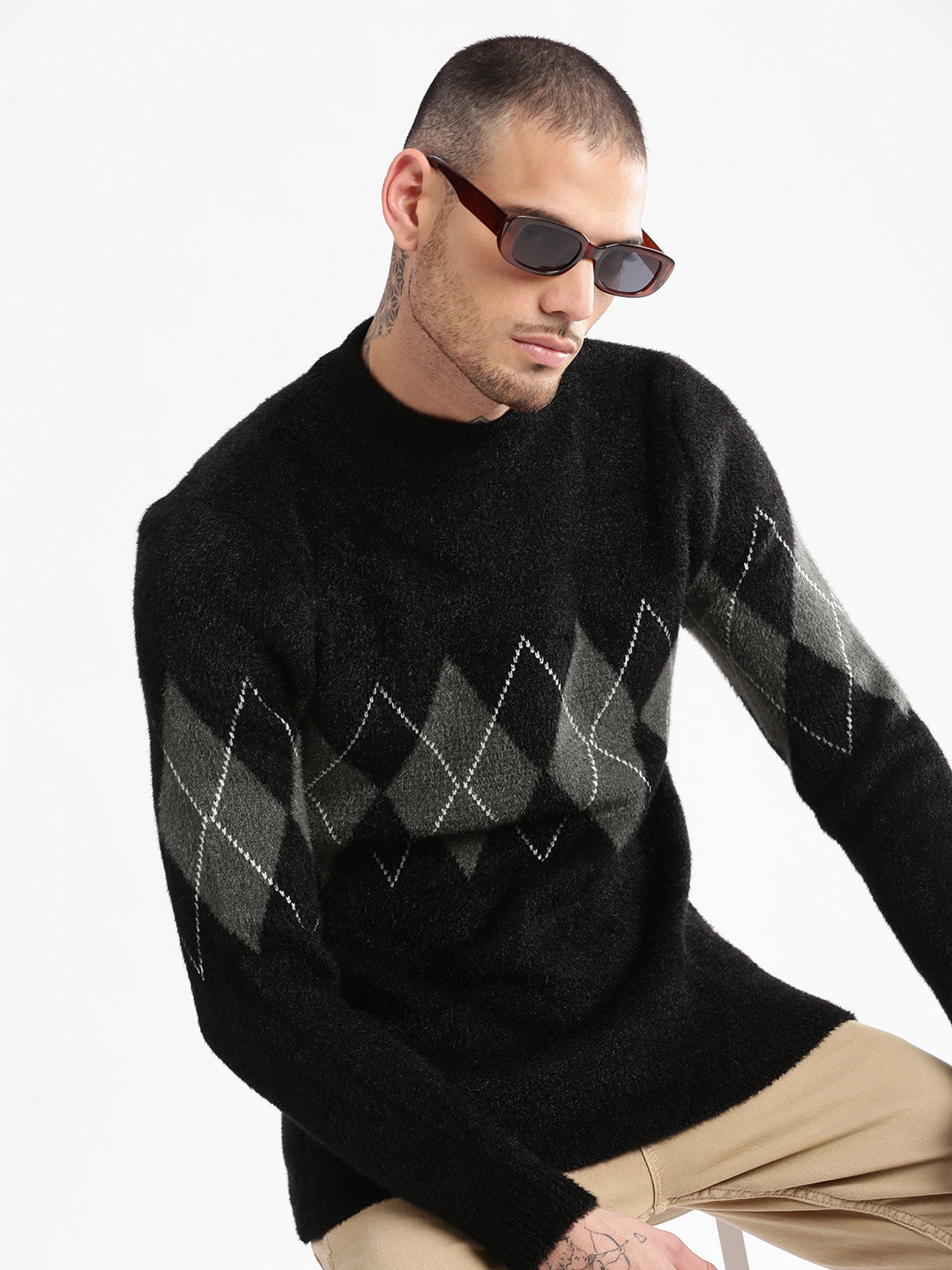 Men Round Neck Argyle Black Pullover Classic Vintage Knitwear