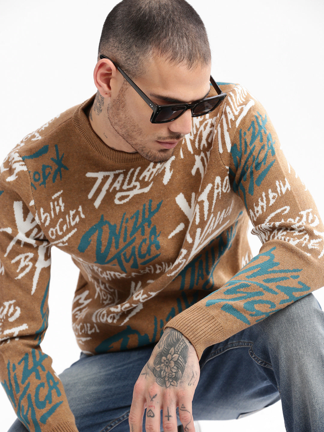 Men Brown Typography Printed Acrylic Pullover Sweater Trendy Graphic Wear