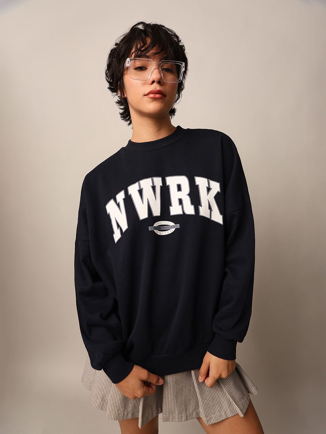Navy Blue Printed Oversized Sweatshirt for Women Trendy Streetwear Fashion
