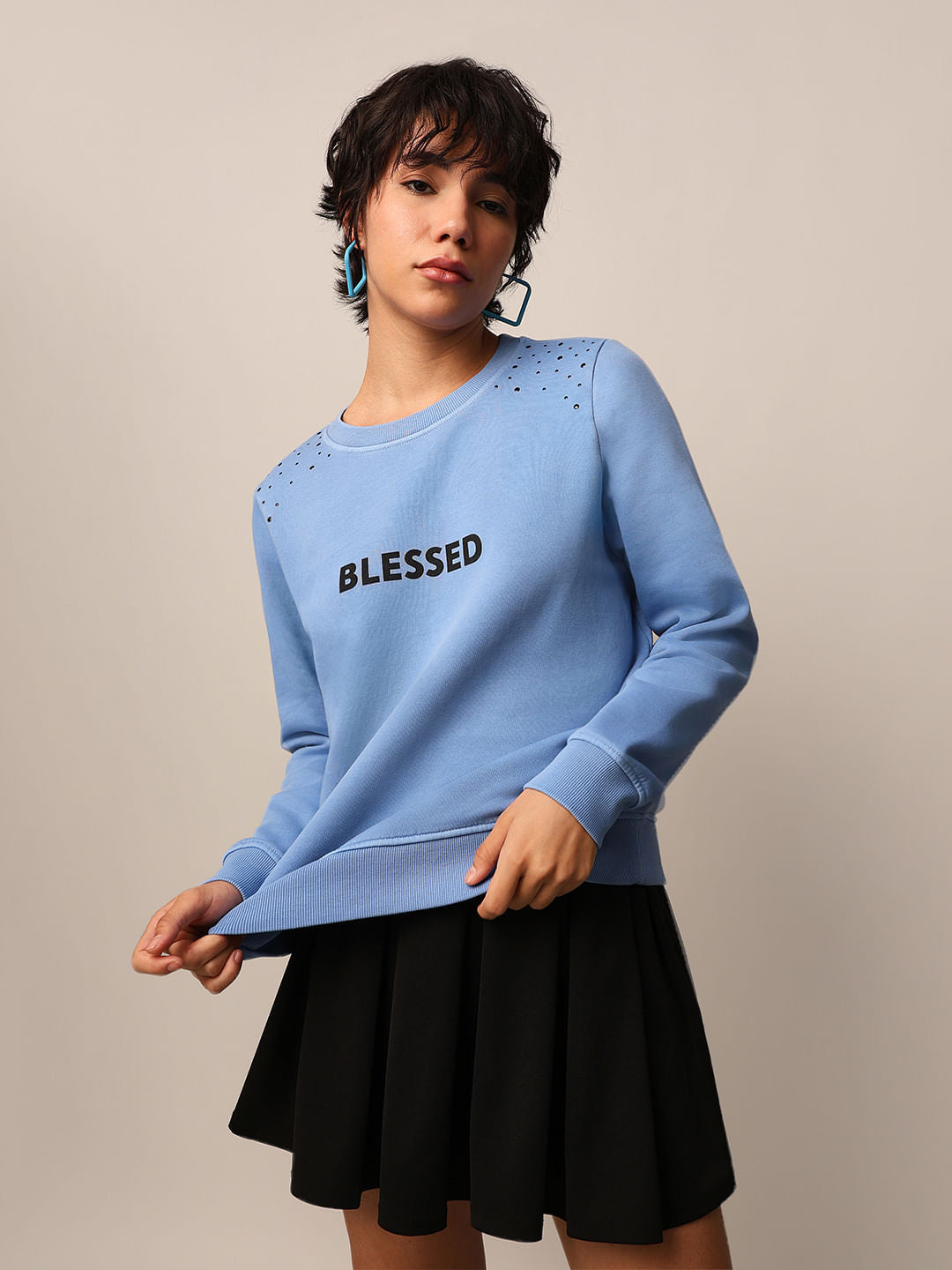 Stylish Embellished Look Blue Stud Detail Sweatshirt for Women