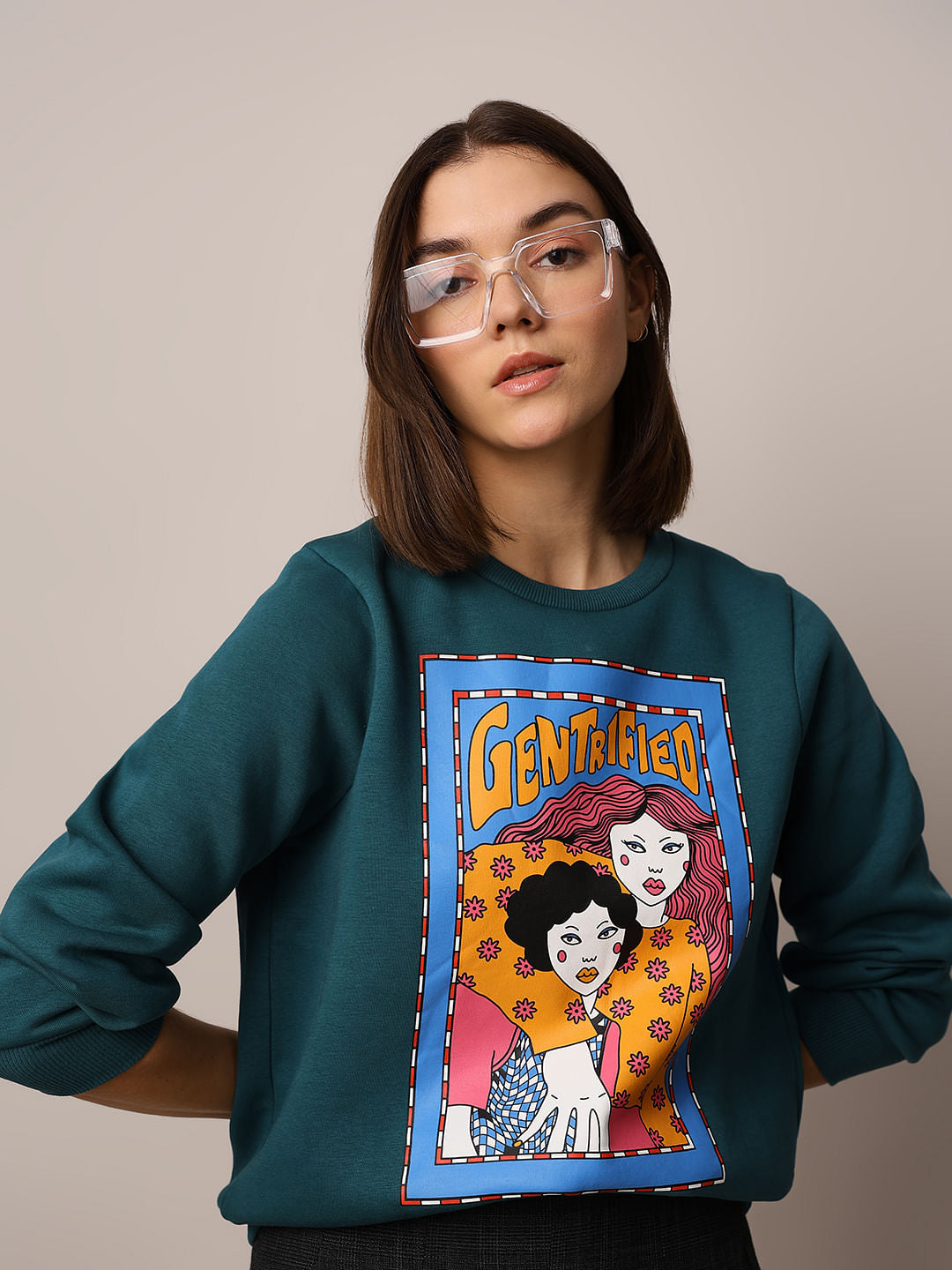 Green Printed Sweatshirt for Women Vibrant Casual Winter Look