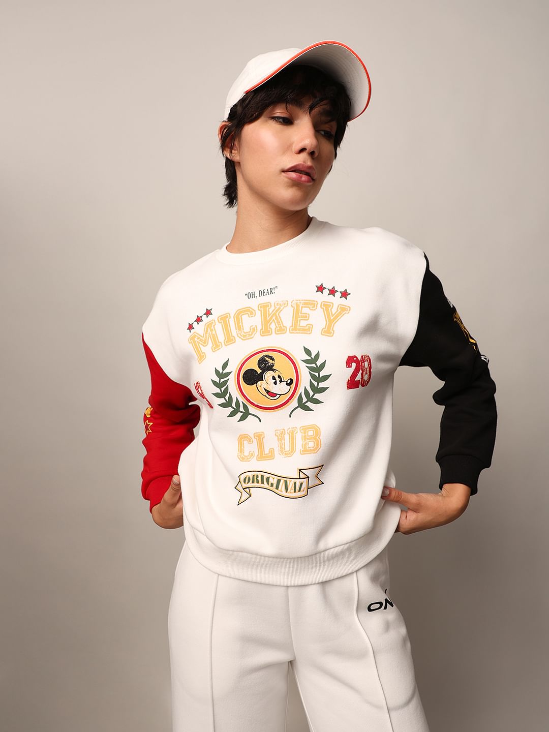 Mickey White Printed Sweatshirt for Women Cute Disney Graphic Winter Wear