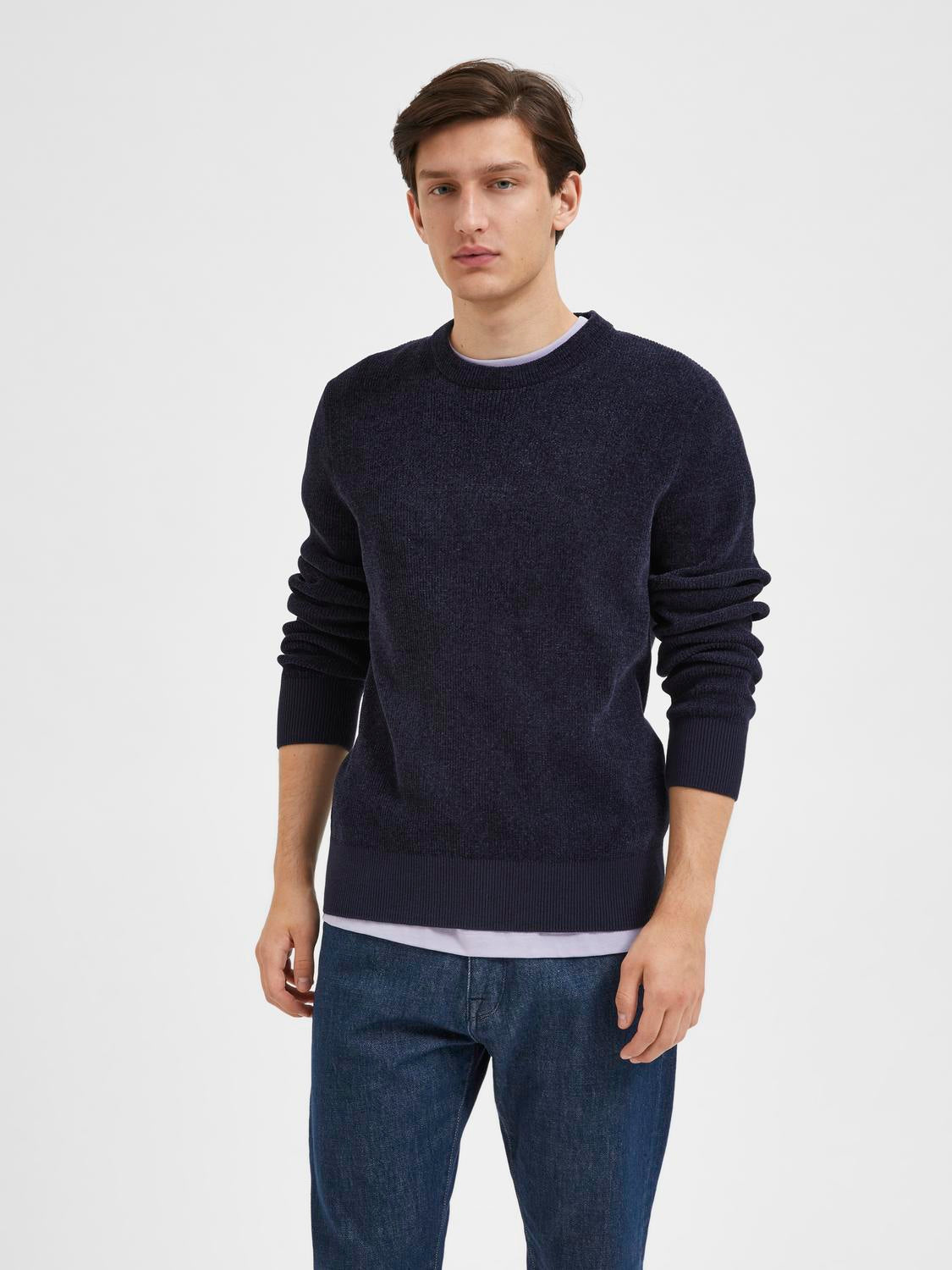 Crew Neck Knitted Pullover Blue Casual Winter Essential