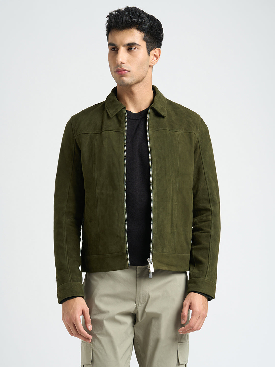 Suede Zip Through Jacket Green Luxury Winter Layer for Men