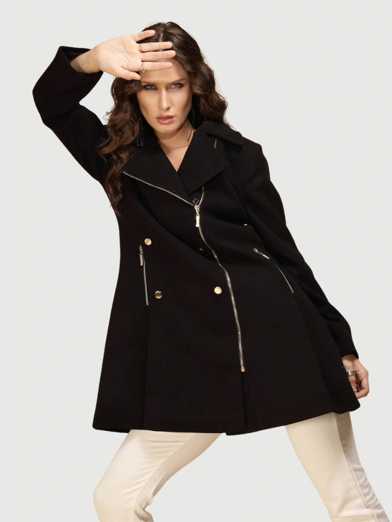 Black Solid Coat for Women Classic Warm Winter Outerwear