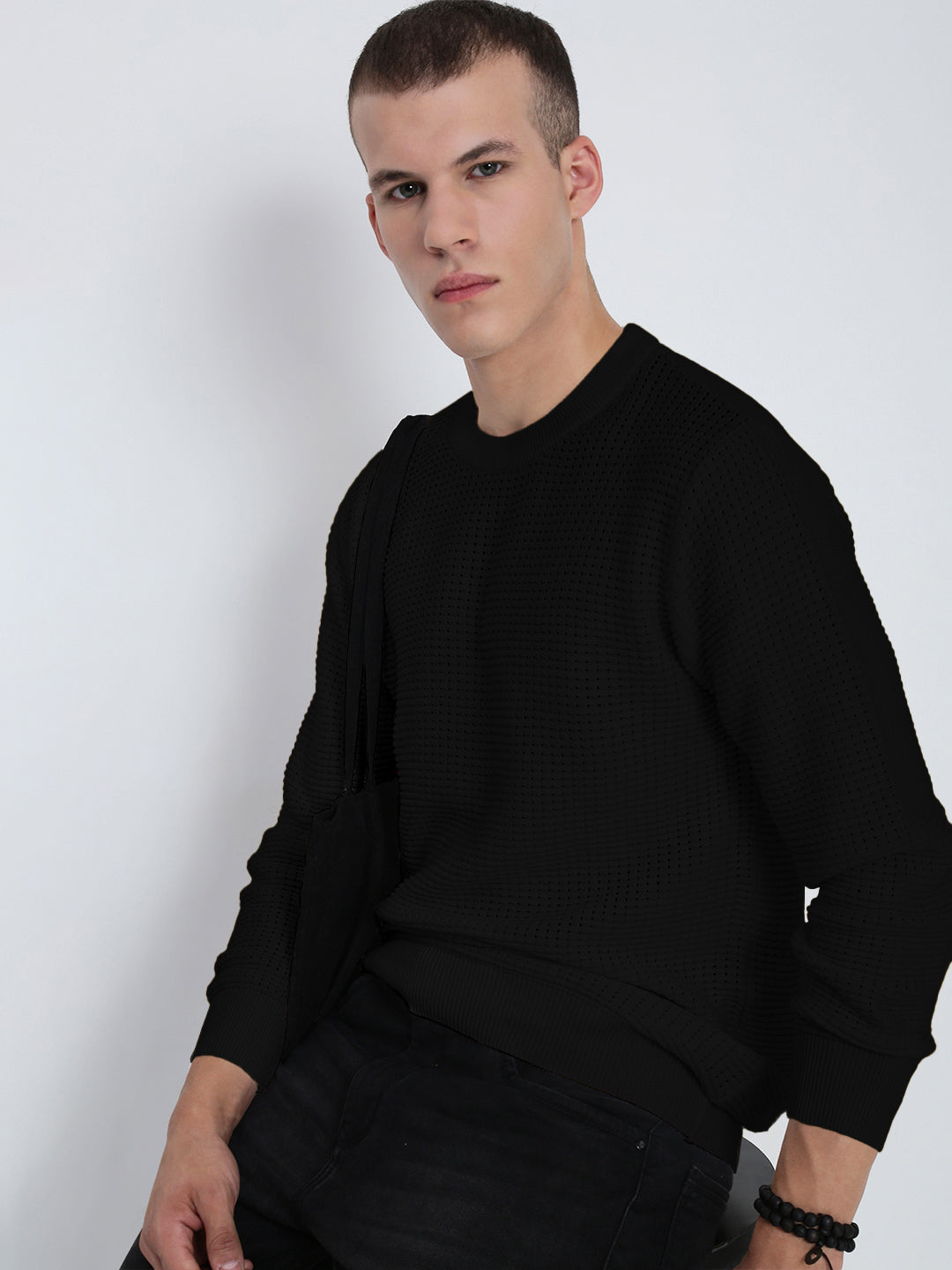 Men Textured Black Ribbed Crew Neck Sweater Bold Modern Look