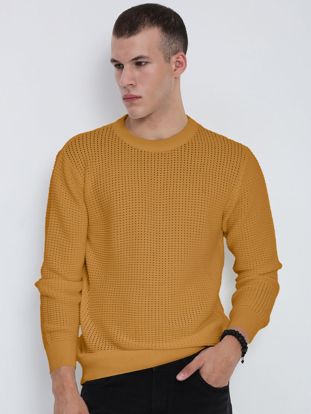 Men Textured Mustard Ribbed Crew Neck Sweater Trendy Fall Layer