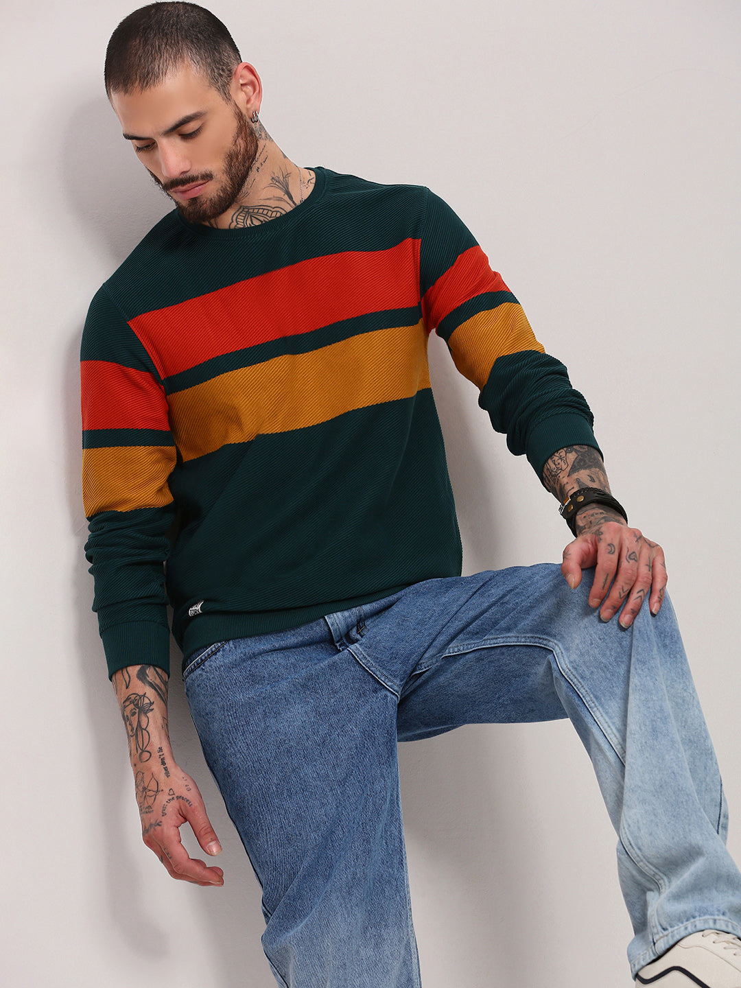 Men Green Colourblocked Sweater Sporty Modern Look