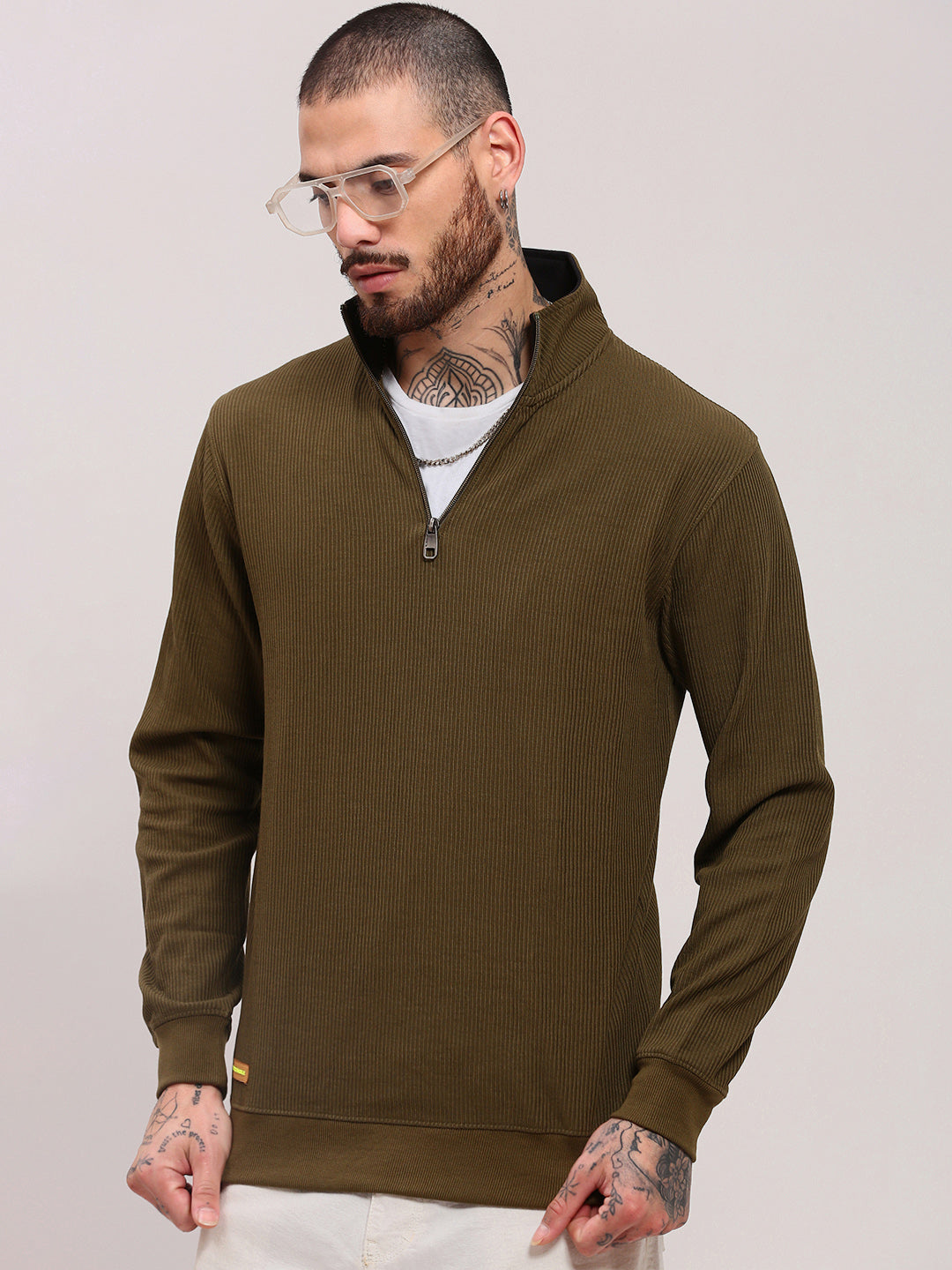 Men Olive High Neck Pullover Sophisticated Winter Fashion
