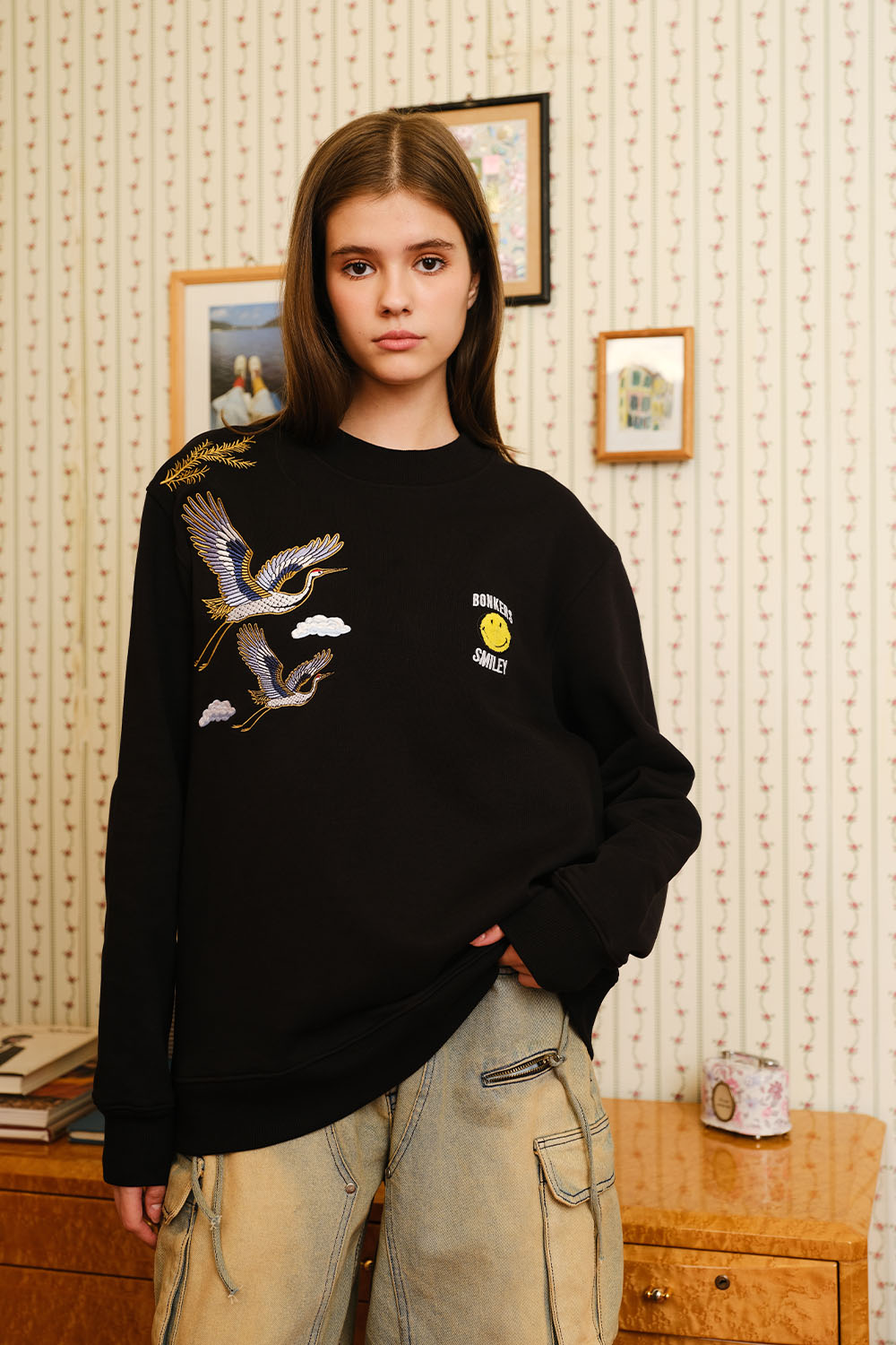 Black Embroidered Smiley Originals Sweatshirt for Women Minimal Chic Style