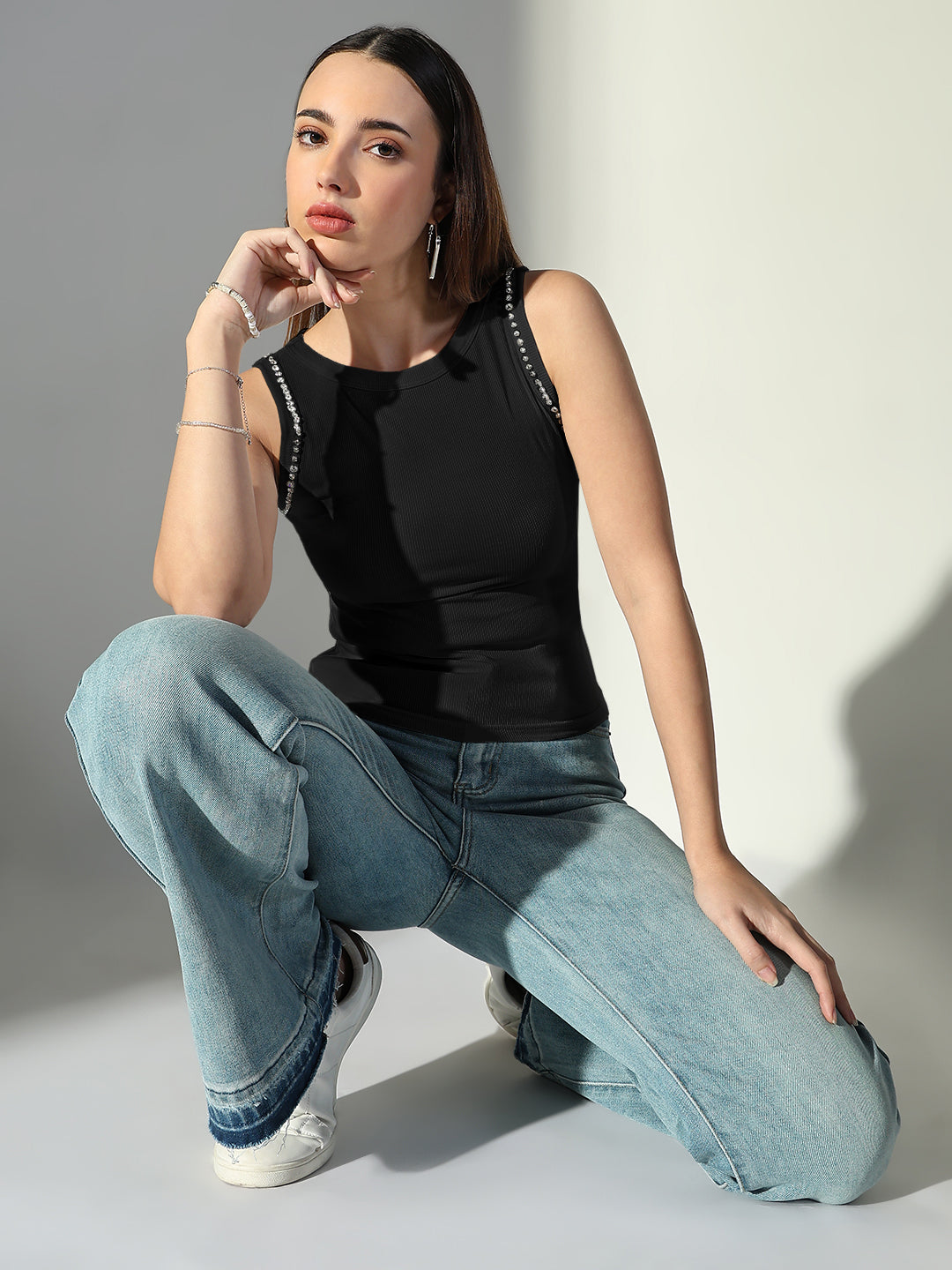 Womens Ribbed Black Sleeveless Tank Top with Sequin Trim Chic Evening Wear