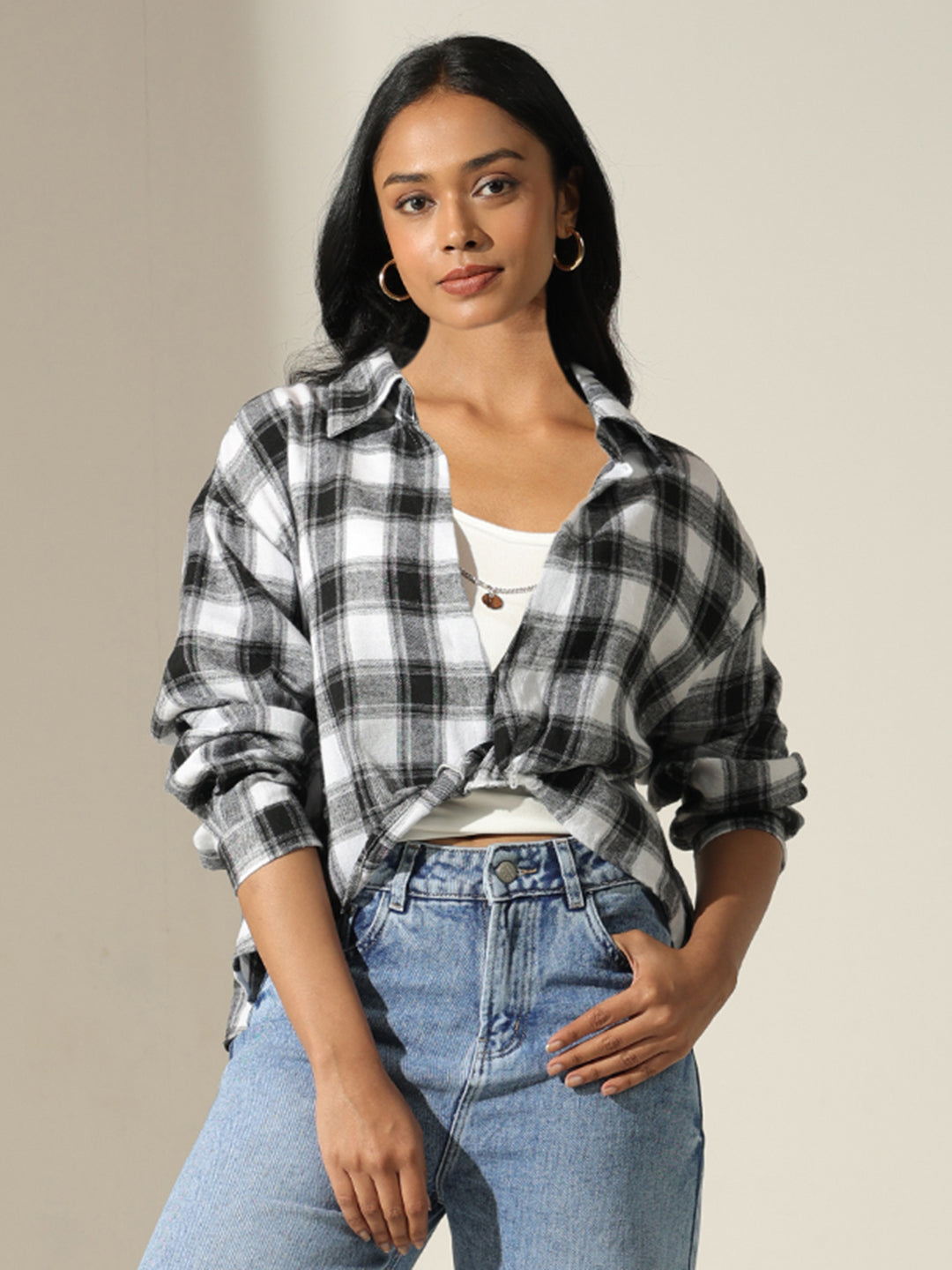 Womens Checked Black and White Shirt Style Top with Inner Tank Top and Chain Trendy Layered Look