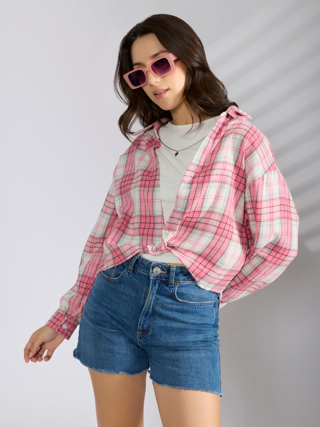 Womens Checked Pink Shirt Style Top with Stylish Chain Detail