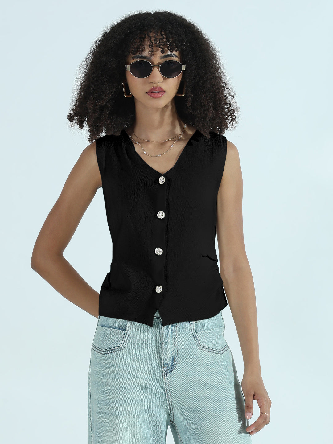Womens Black Vest Top with Buttons for Everyday Wear