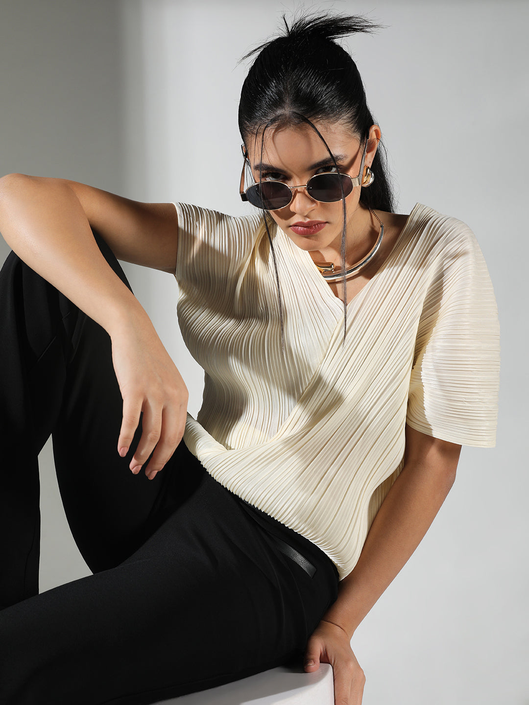 Womens Pleated Cream V Neck Structured Elegant Top