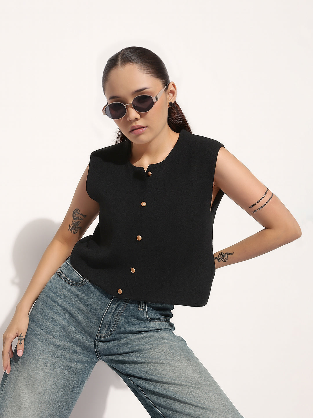 Womens Ribbed Black Round Neck Sleeveless Top Classic and Comfortable Casual Wear