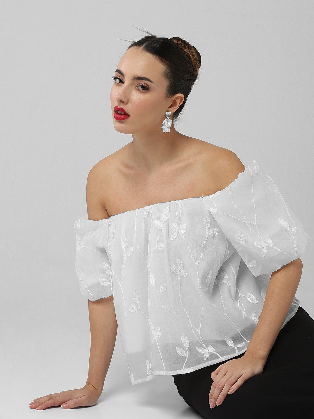 Womens White Floral Embroidered Off Shoulder Bardot Top