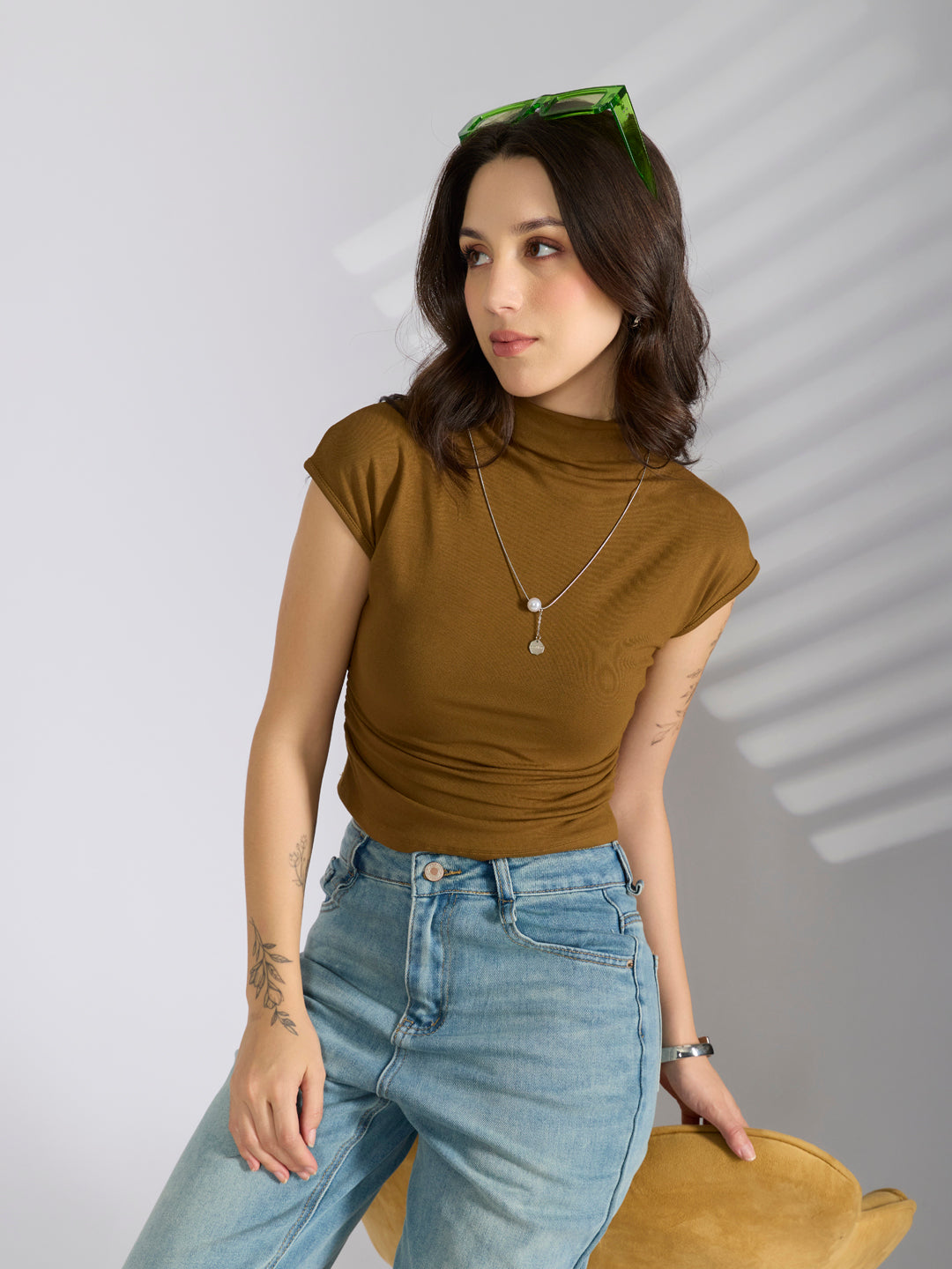Womens Olive Fitted Ruched Top with Chain Modern and Classy Evening Look