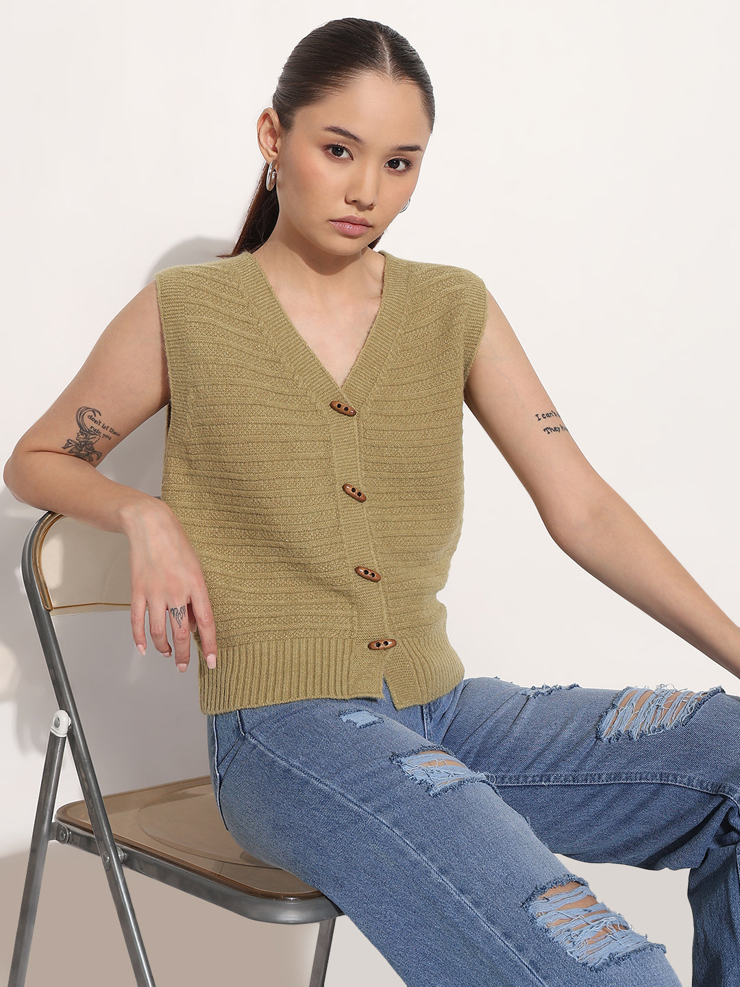 Womens Olive V Neck Sleeveless Knitted Top with Button Detail
