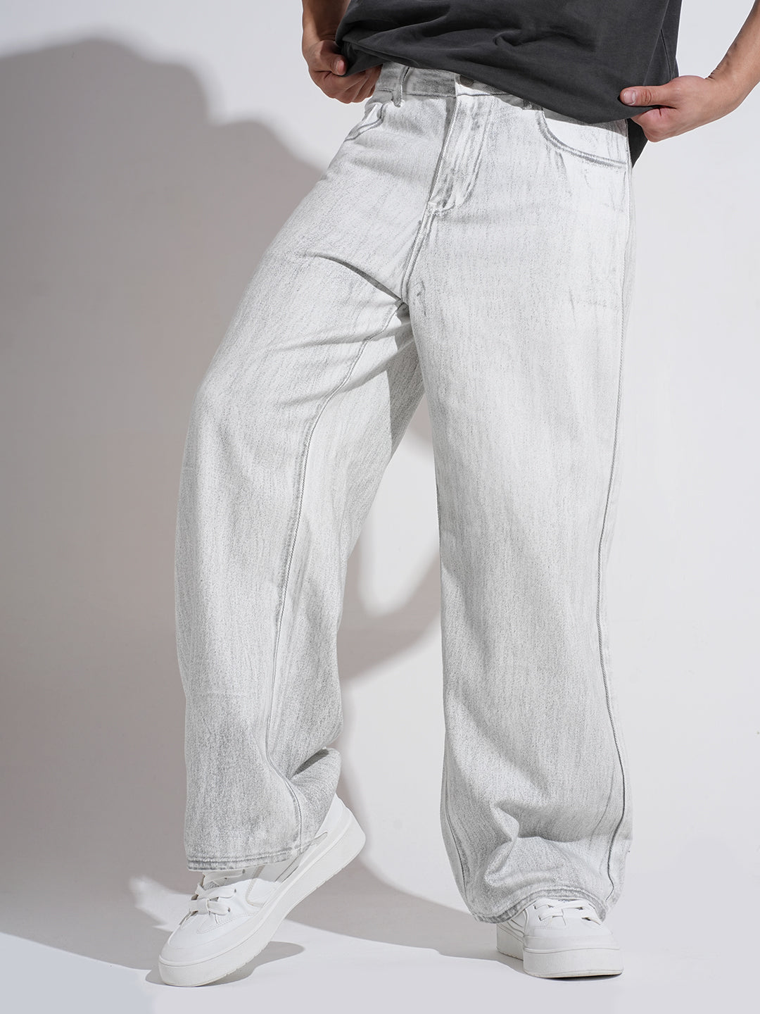 Men's Off White Stone Wash Wide Leg Jeans for Stylish Streetwear