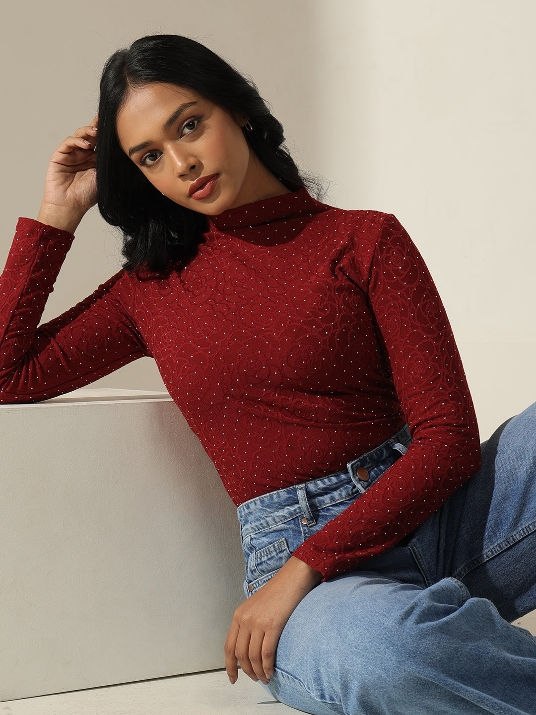 Womens Textured Red High Neck Top Bold and Classy Evening Wear