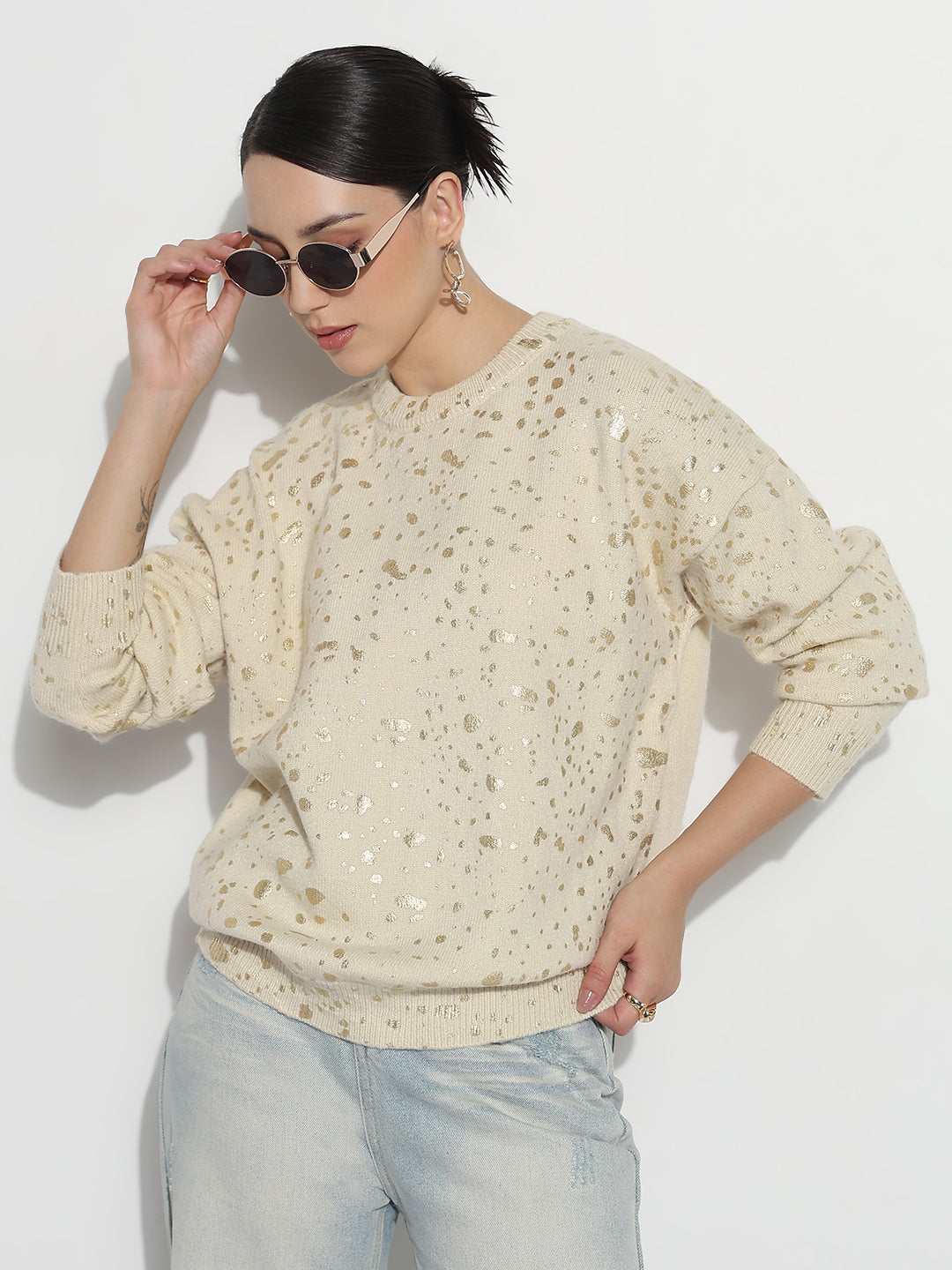 Womens Abstract Cream Round Neck Top with Gold Speckled Design
