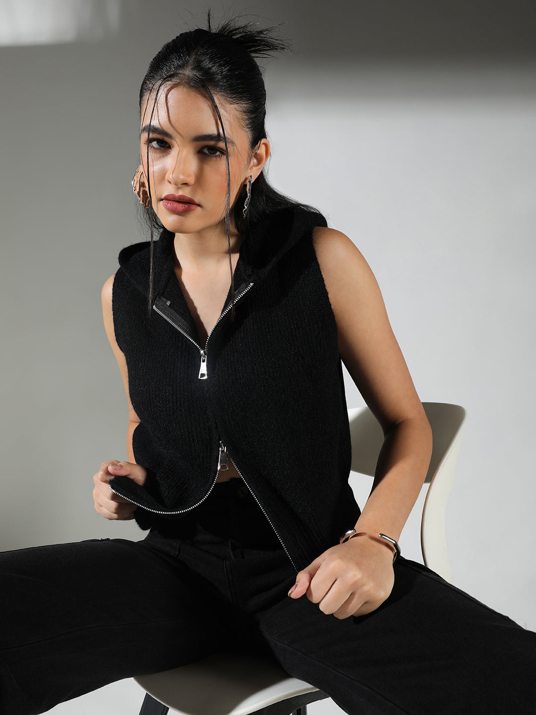Womens Ribbed Black Hooded Sleeveless Top with Zip Trendy and Comfortable Casual Look