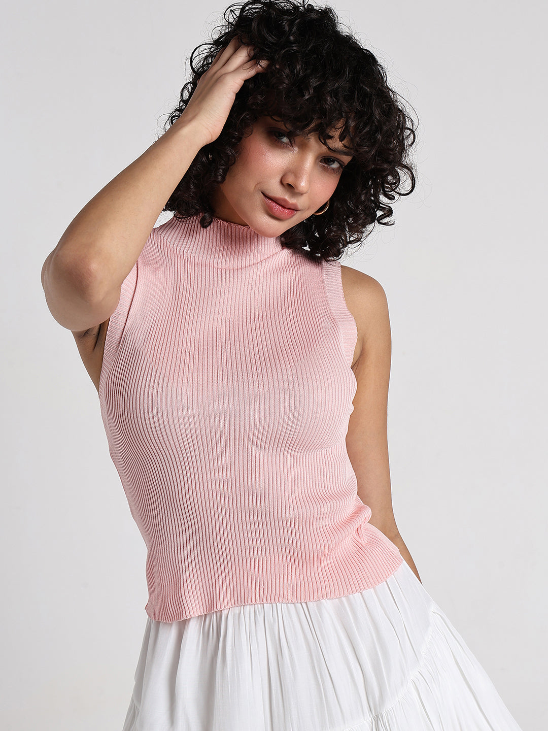 Womens Peach Ribbed Sleeveless High Neck Top Soft and Stylish Daily Wear