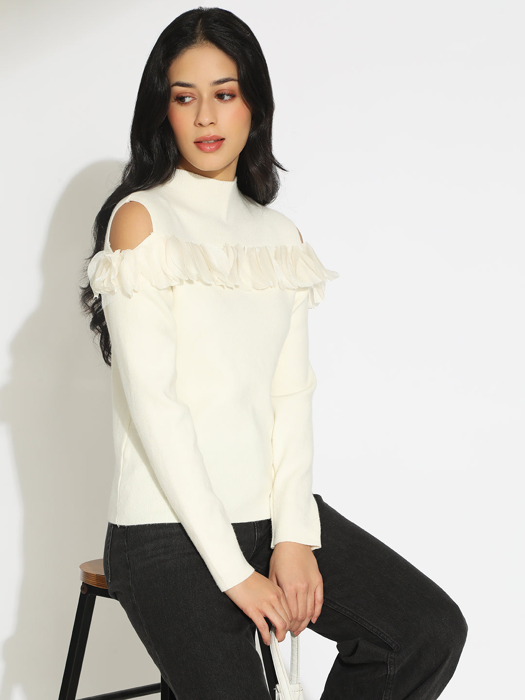 Womens Knitted White Cold Shoulder Ruffle Top Soft and Fashionable Casual Look